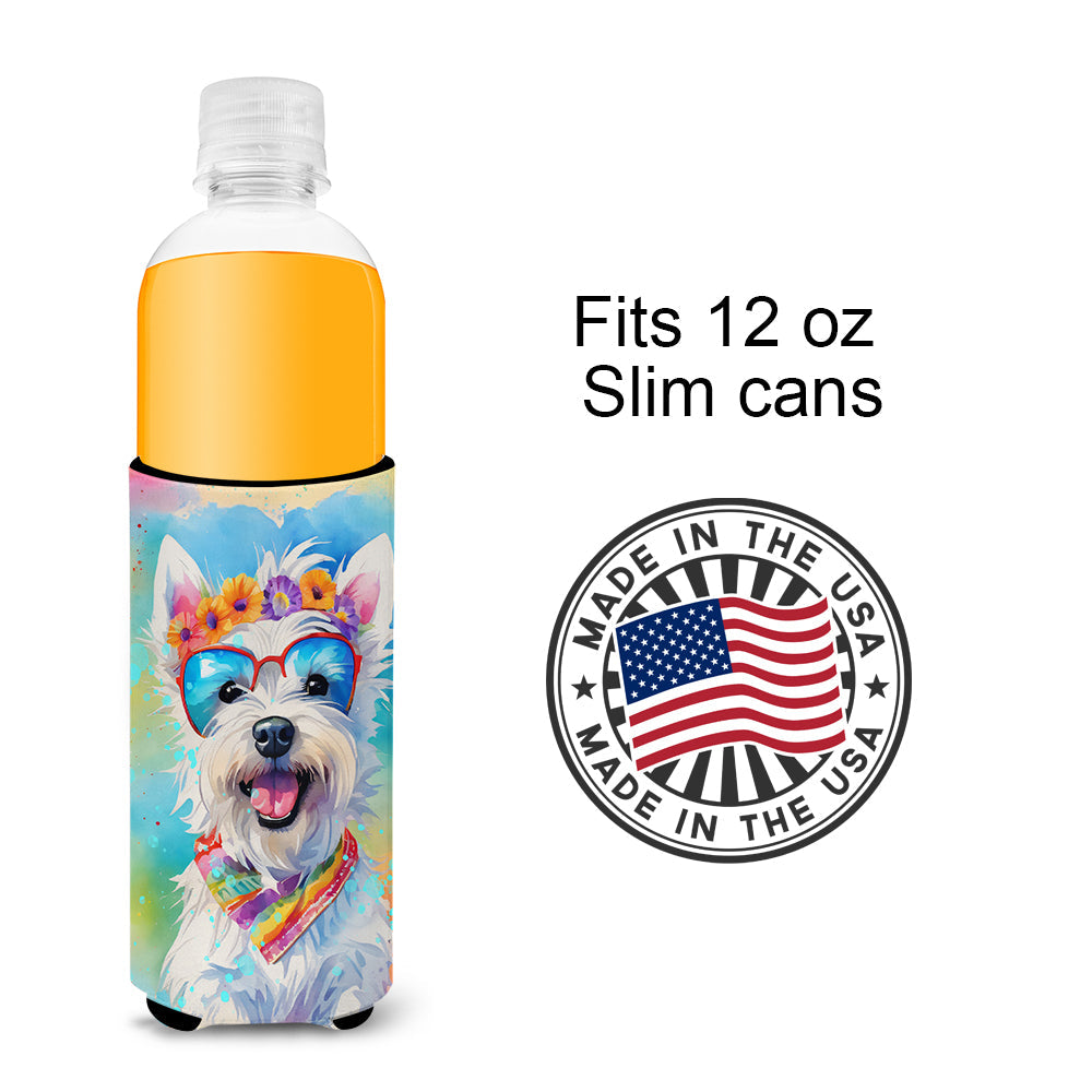 Westie Hippie Dawg Slim Can Hugger , Insulated Foam Hugger for 12 oz Slim Cans, Beer Bottles & Water Bottles, Printed in USA