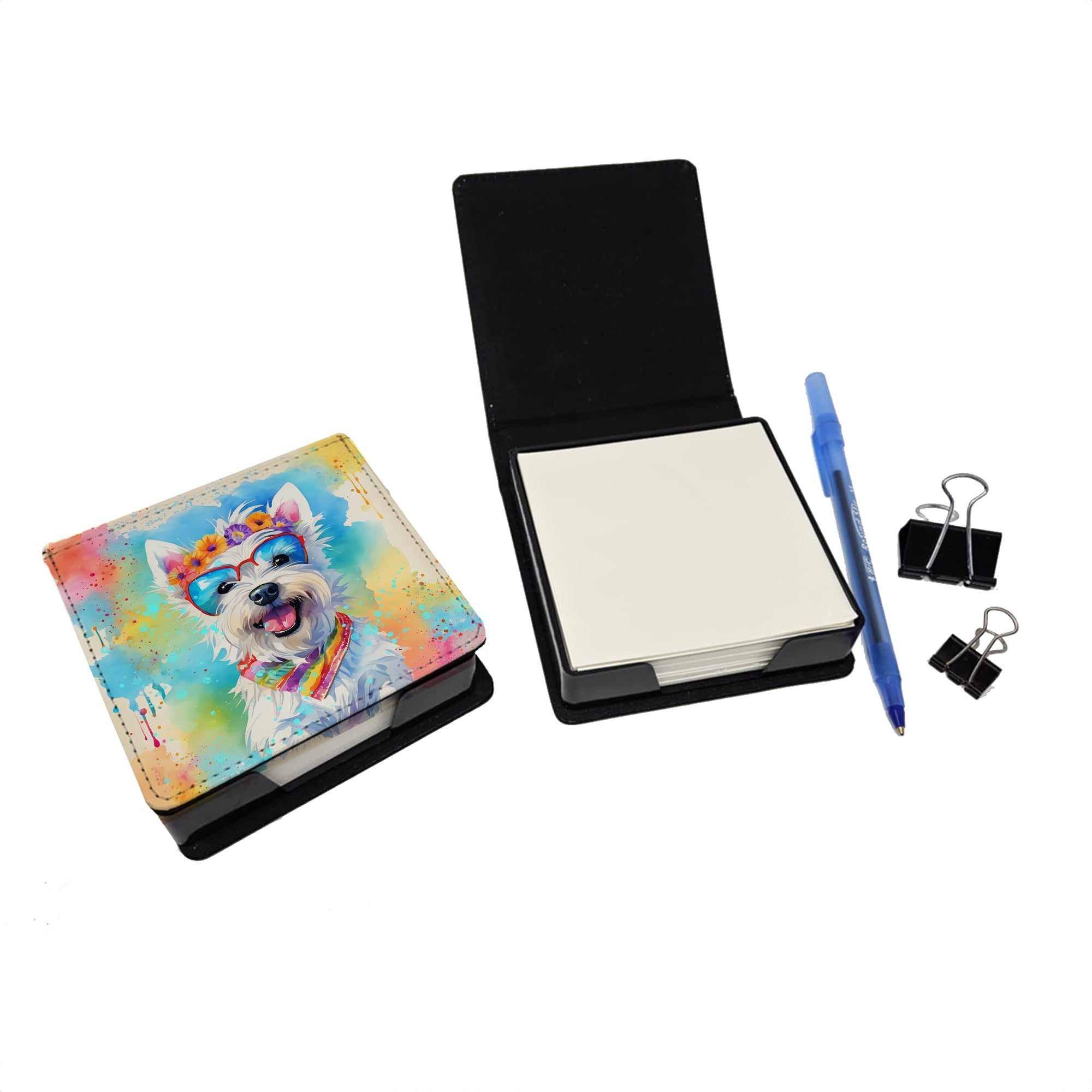 Westie Hippie Dawg PU Leather Note Paper Holder with Artist-Designed Cover, Desk Accessory, Office Gift
