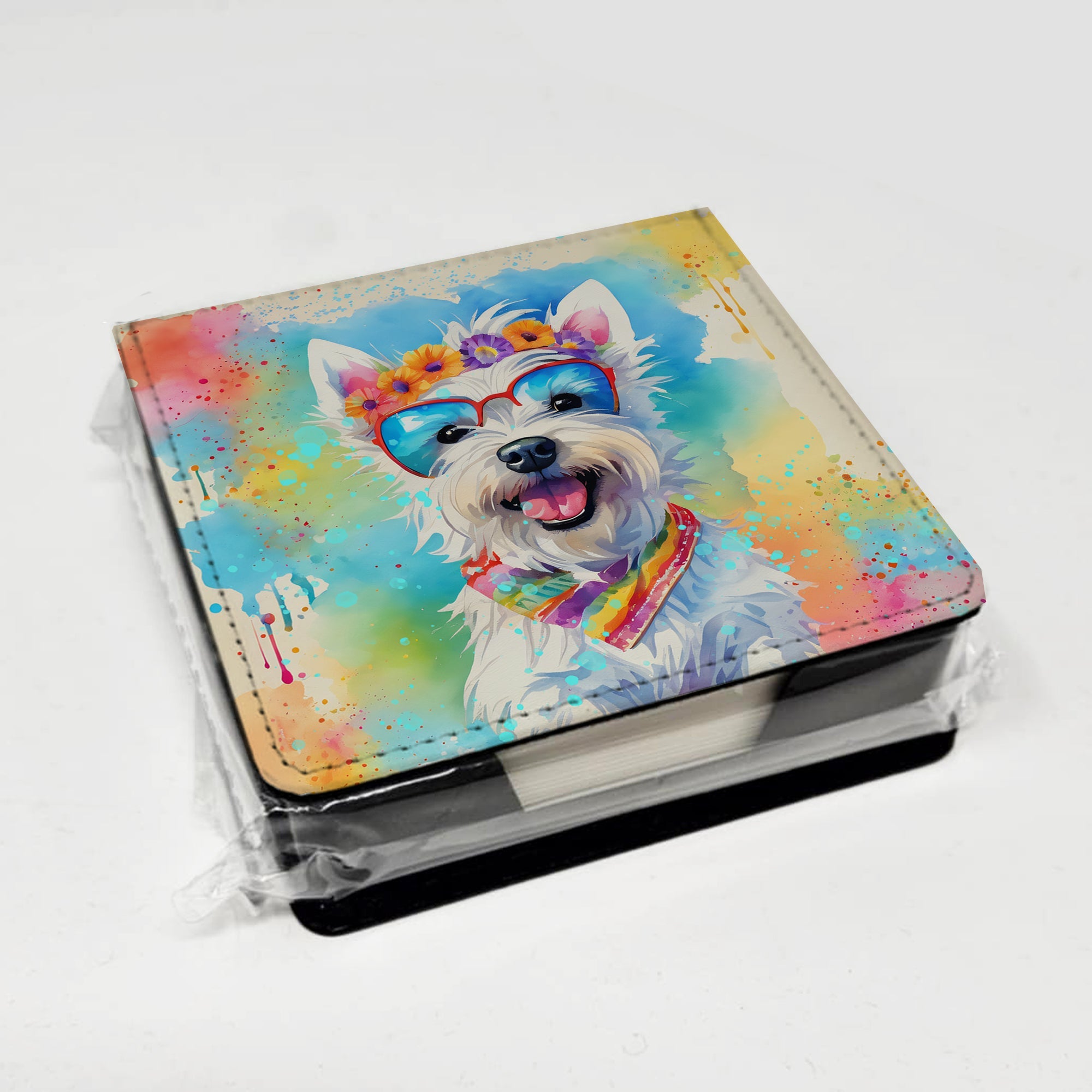 Westie Hippie Dawg PU Leather Note Paper Holder with Artist-Designed Cover, Desk Accessory, Office Gift
