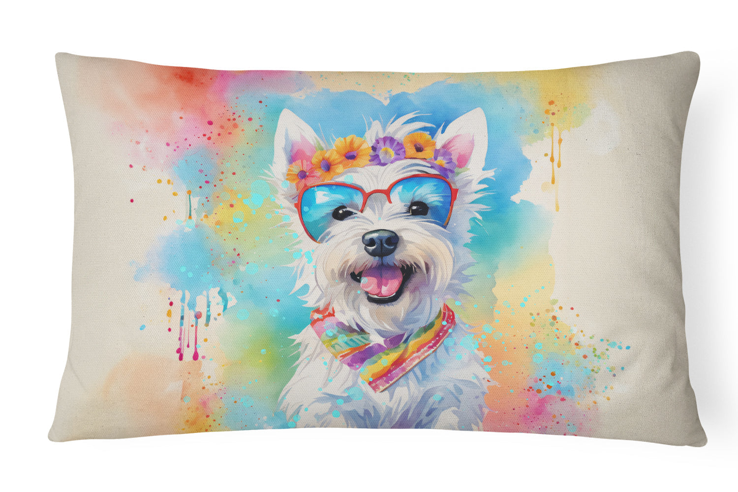 Westie Hippie Dawg Decorative Throw Pillow 12x16 Indoor Outdoor Accent Cushion, Fabric Cover with Insert for Sofa, Bed, Porch & Living Room