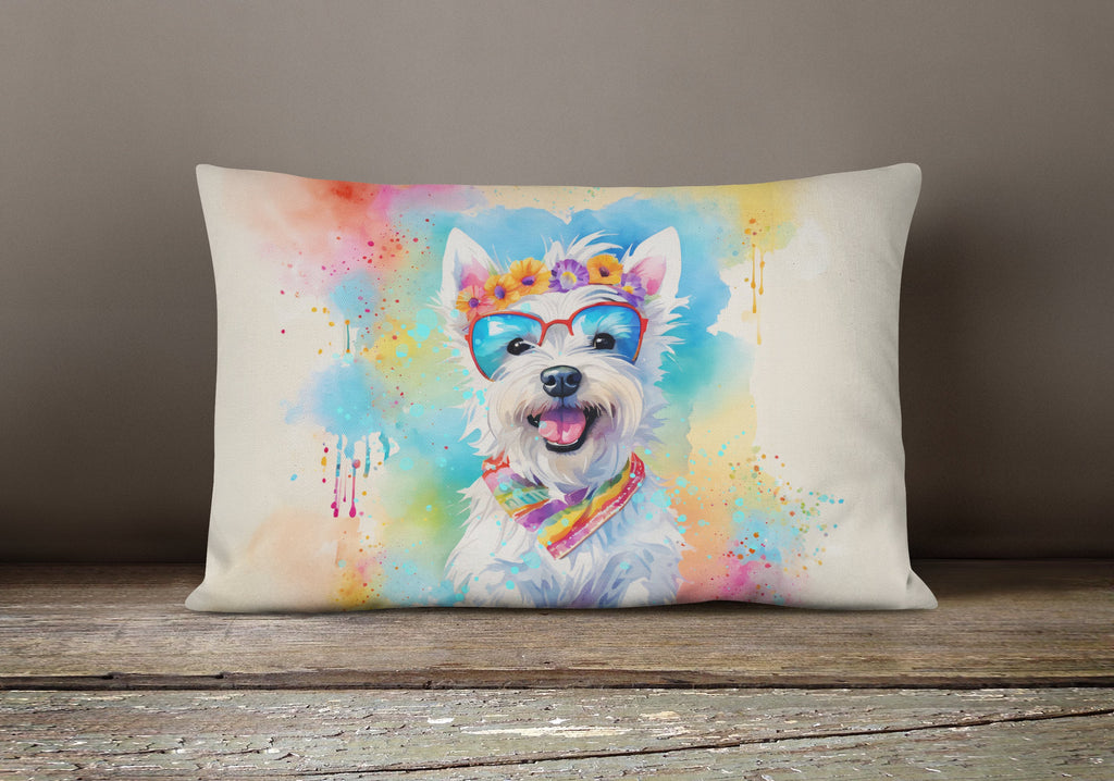 Westie Hippie Dawg Decorative Throw Pillow 12x16 Indoor Outdoor Accent Cushion, Fabric Cover with Insert for Sofa, Bed, Porch & Living Room
