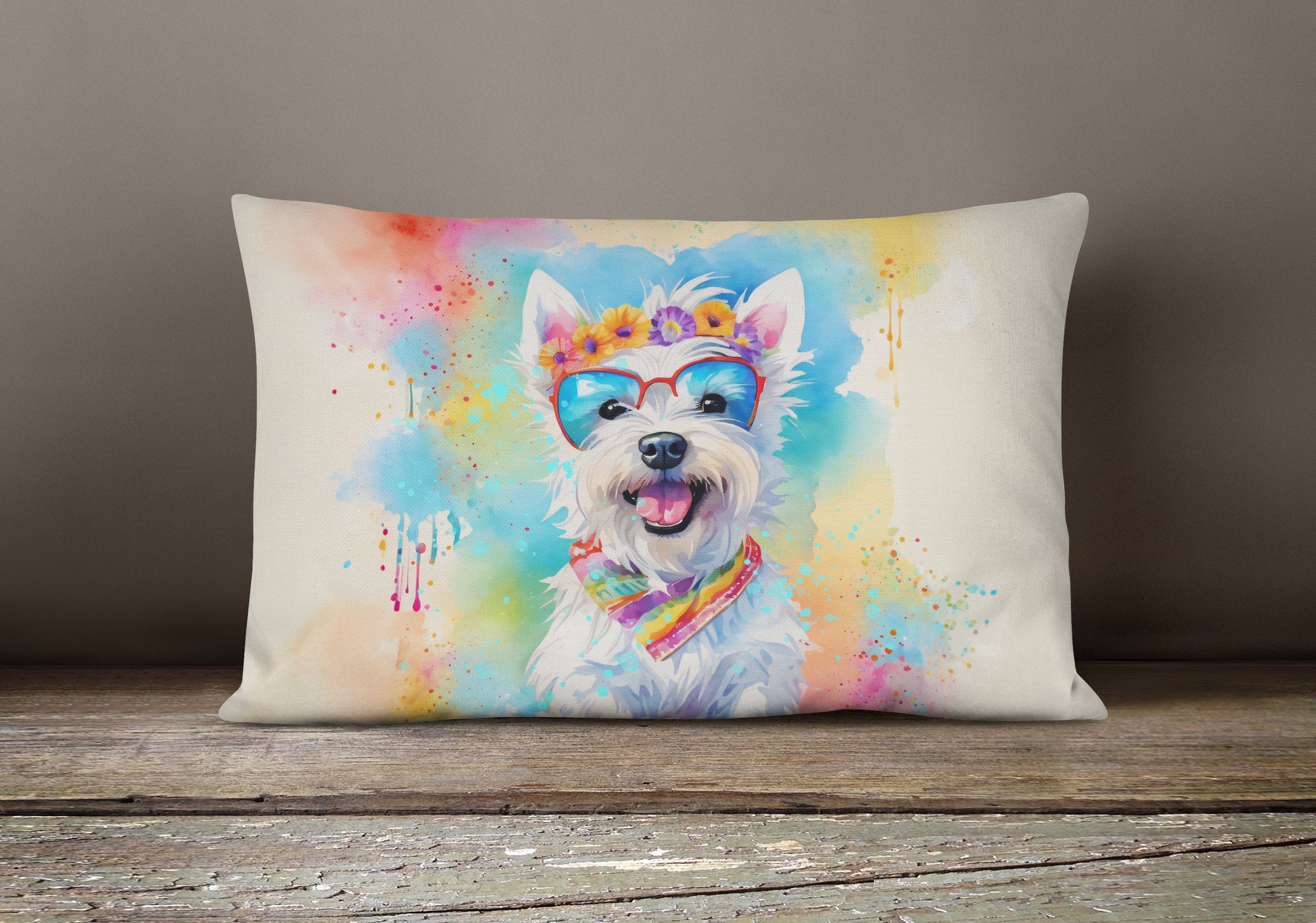 Westie Hippie Dawg Decorative Throw Pillow 12x16 Indoor Outdoor Accent Cushion, Fabric Cover with Insert for Sofa, Bed, Porch & Living Room