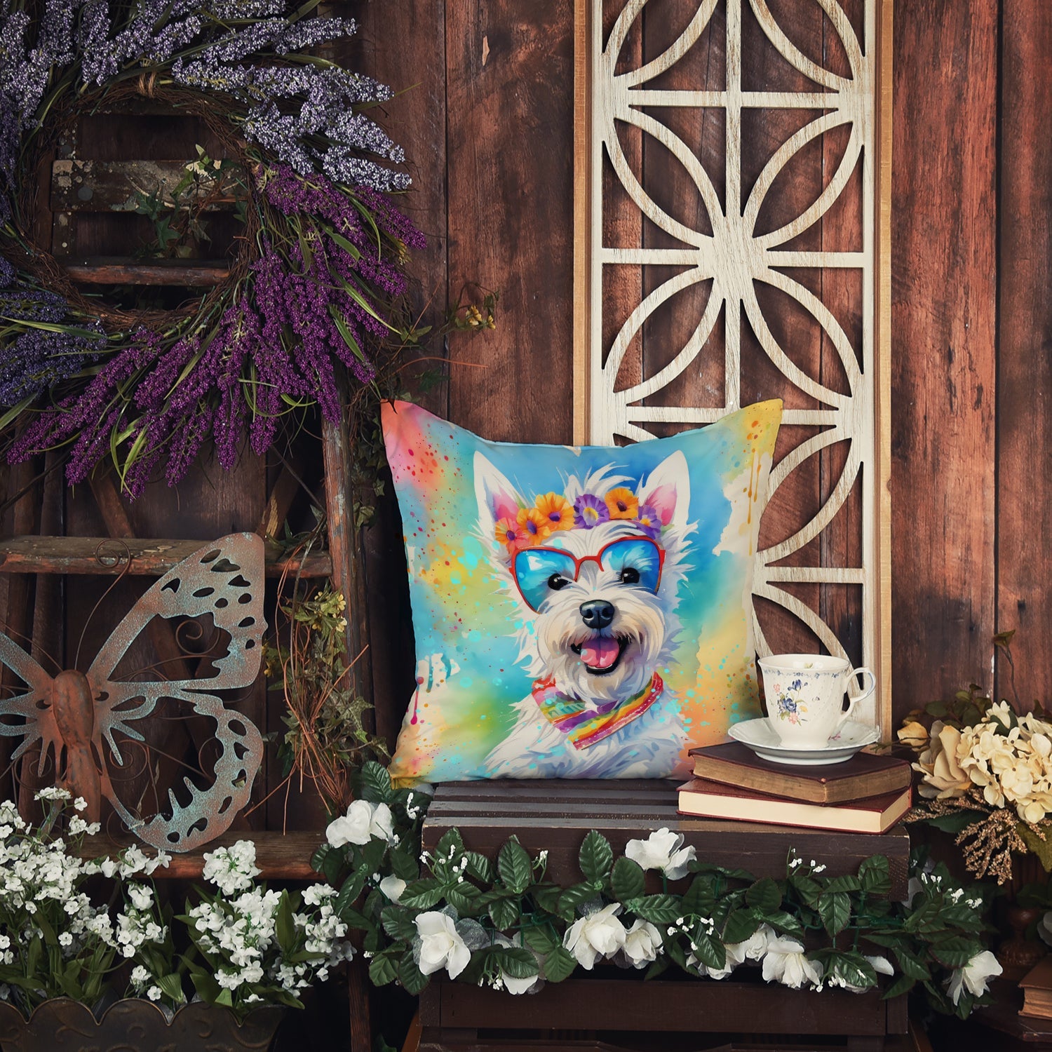 Westie Hippie Dawg Decorative Throw Pillow 14x14 Indoor Outdoor Accent Cushion, Fabric Cover with Insert for Sofa, Bed, Porch & Living Room