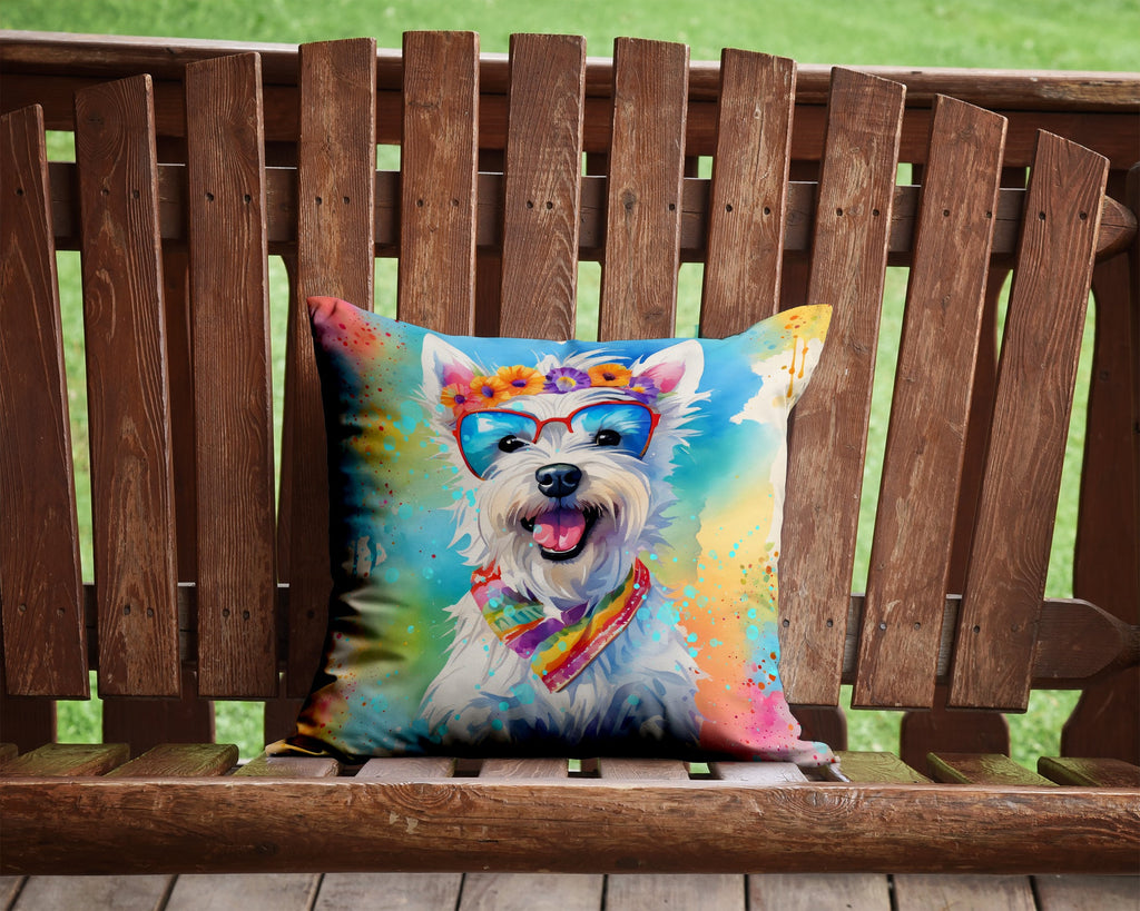 Westie Hippie Dawg Decorative Throw Pillow 14x14 Indoor Outdoor Accent Cushion, Fabric Cover with Insert for Sofa, Bed, Porch & Living Room