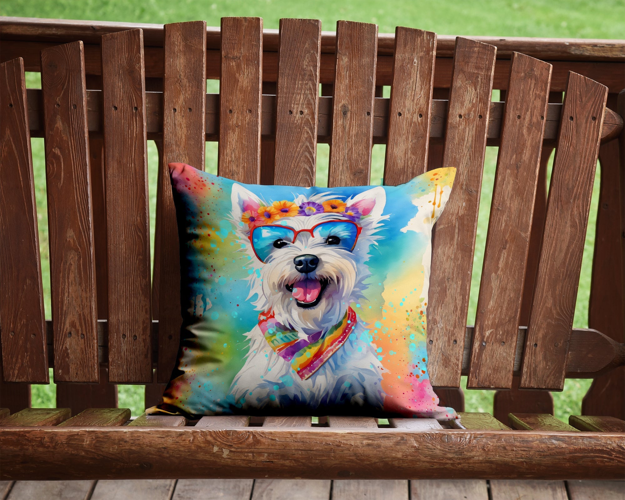 Westie Hippie Dawg Decorative Throw Pillow 14x14 Indoor Outdoor Accent Cushion, Fabric Cover with Insert for Sofa, Bed, Porch & Living Room