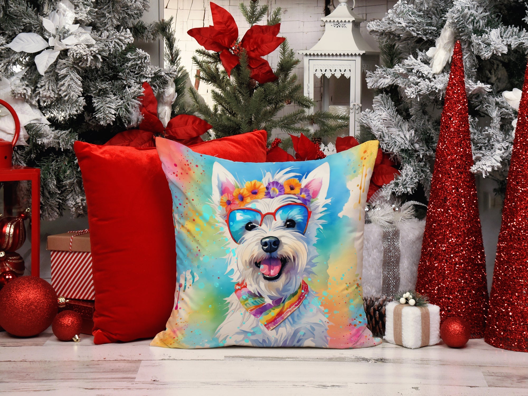 Westie Hippie Dawg Decorative Throw Pillow 18x18 Indoor Outdoor Accent Cushion, Fabric Cover with Insert for Sofa, Bed, Porch & Living Room