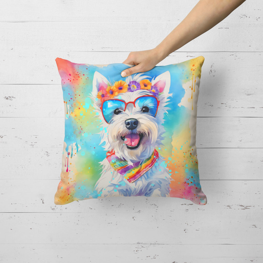 Westie Hippie Dawg Decorative Throw Pillow 18x18 Indoor Outdoor Accent Cushion, Fabric Cover with Insert for Sofa, Bed, Porch & Living Room