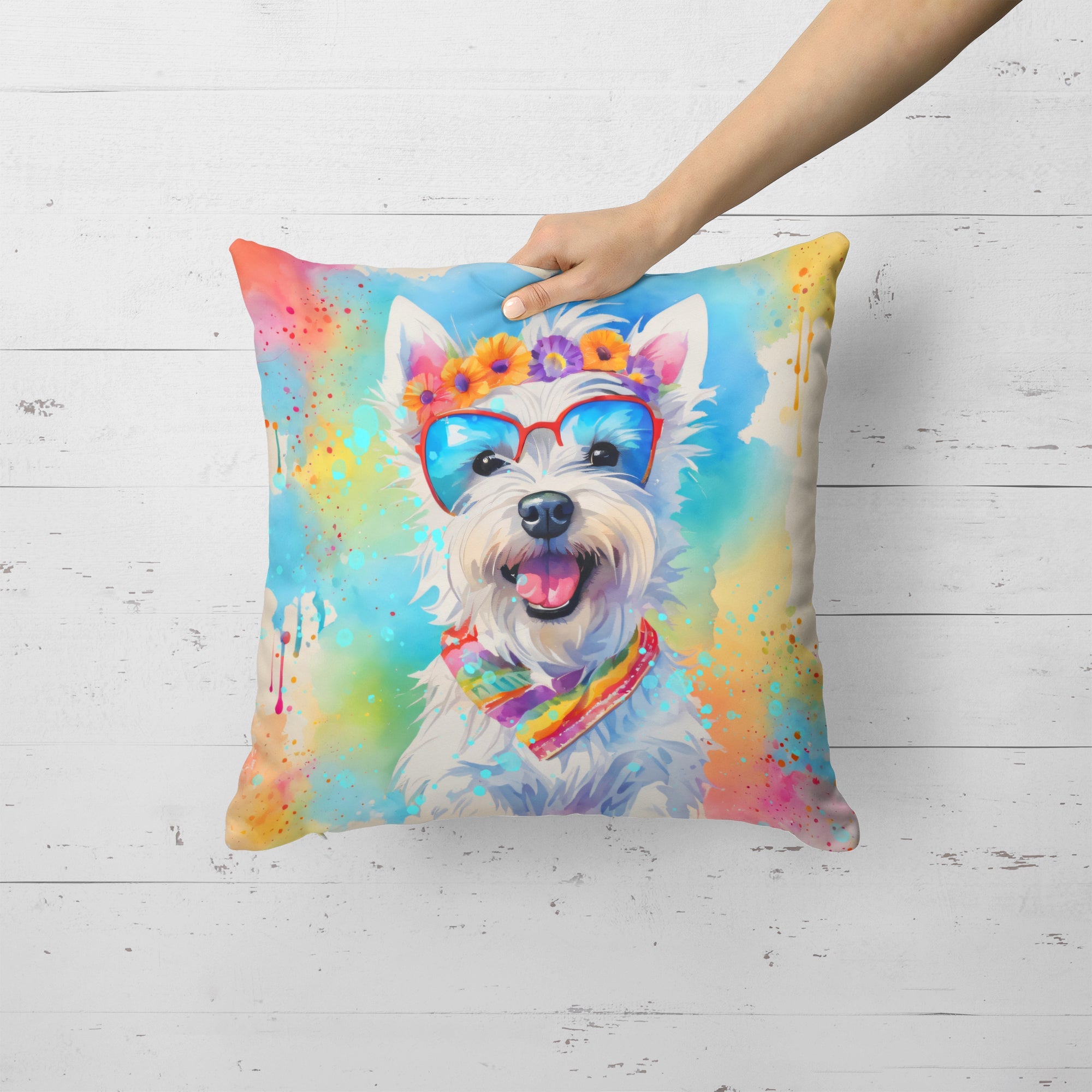 Westie Hippie Dawg Decorative Throw Pillow 18x18 Indoor Outdoor Accent Cushion, Fabric Cover with Insert for Sofa, Bed, Porch & Living Room