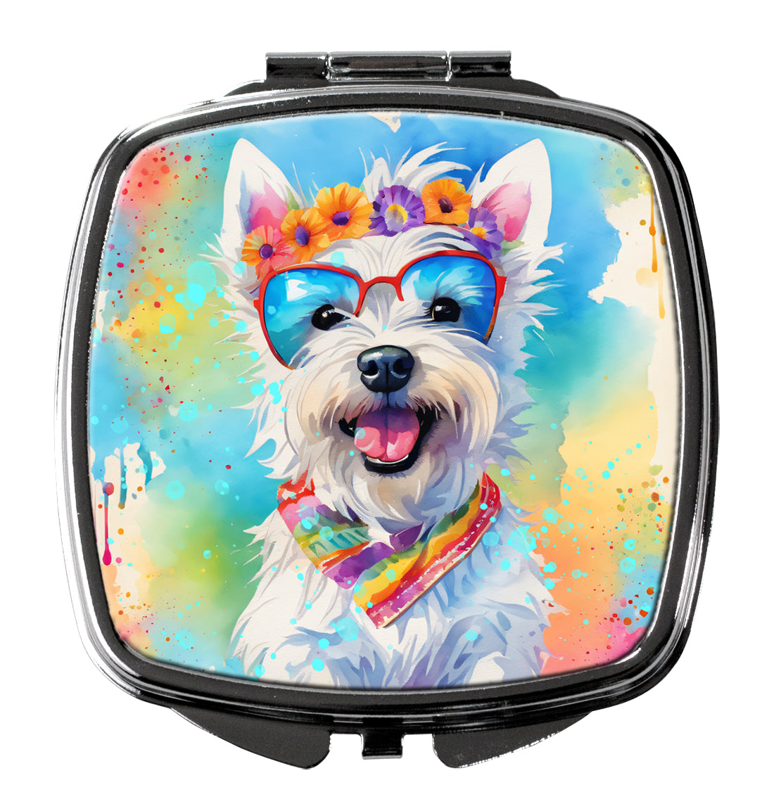 Westie Hippie Dawg Compact Mirror Decorative Travel Makeup Mirror for Women Girls Gifts Pocket Makeup Mirror Folding Handheld