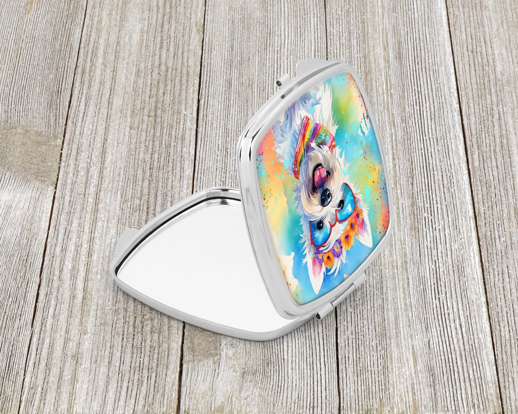 Westie Hippie Dawg Compact Mirror Decorative Travel Makeup Mirror for Women Girls Gifts Pocket Makeup Mirror Folding Handheld