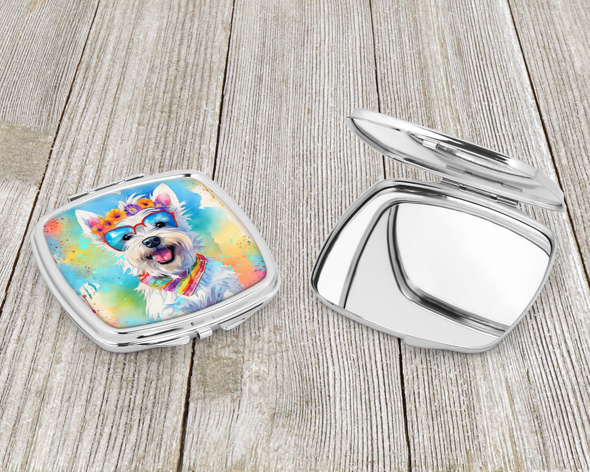 Westie Hippie Dawg Compact Mirror Decorative Travel Makeup Mirror for Women Girls Gifts Pocket Makeup Mirror Folding Handheld