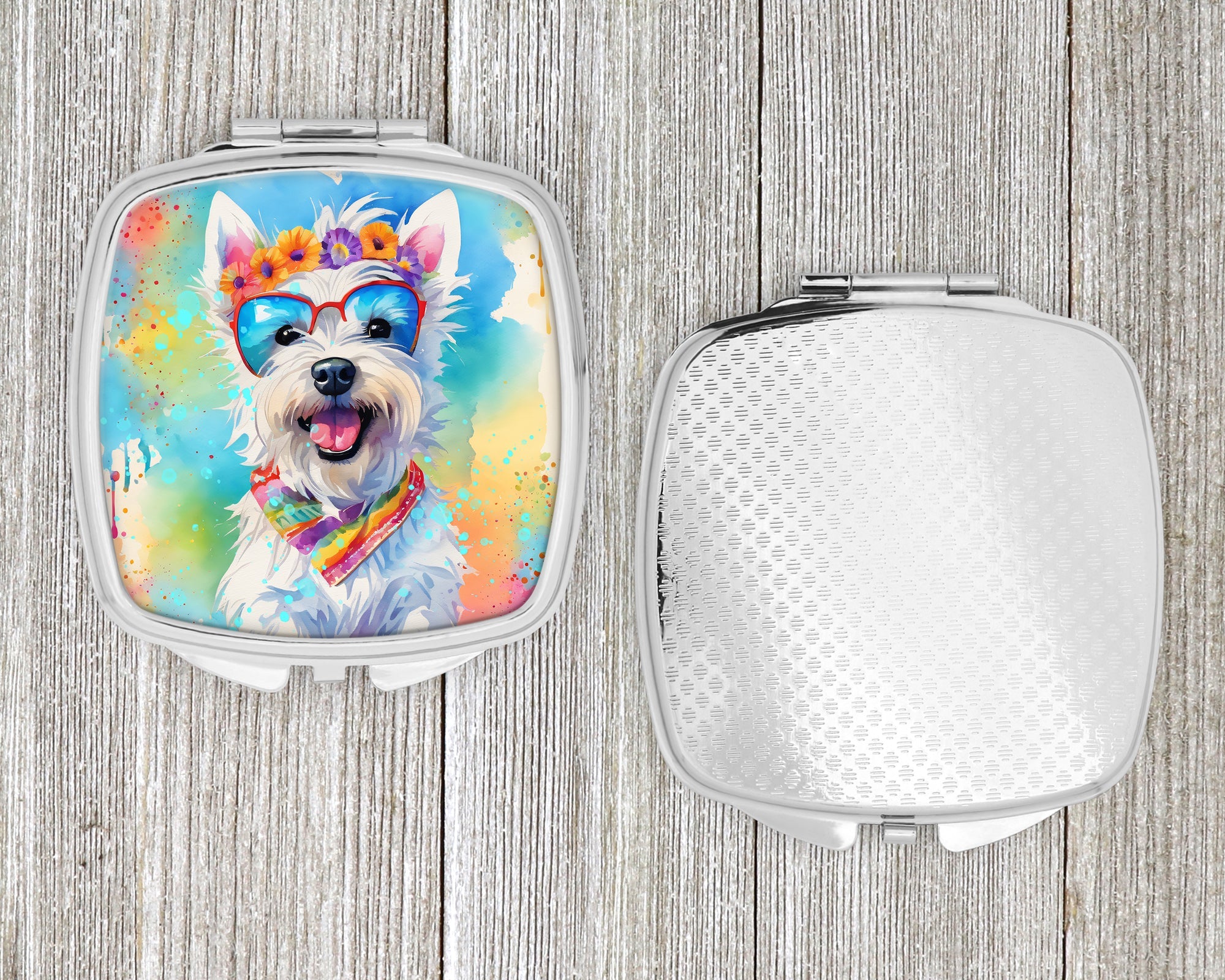 Westie Hippie Dawg Compact Mirror Decorative Travel Makeup Mirror for Women Girls Gifts Pocket Makeup Mirror Folding Handheld