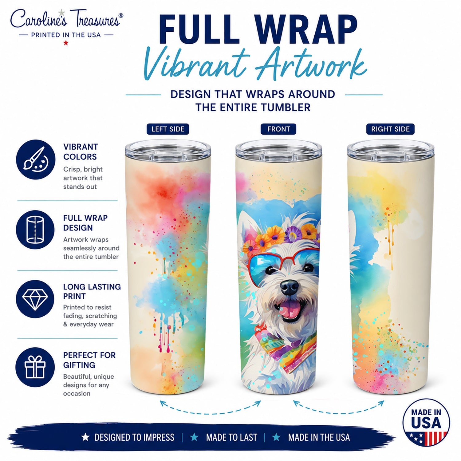 Westie Hippie Dawg Stainless Steel Skinny Tumbler 20 oz Vacuum Double Walled Reusable Insulated Travel Cup