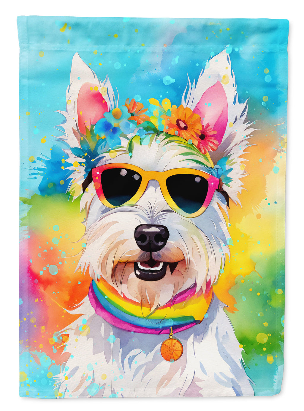 Westie Hippie Dawg House Flag 28x40 Porch Sleeve Pole Decorative Outside Yard Banner Artwork Wall Hanging, Polyester