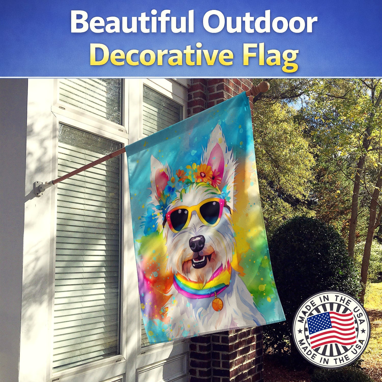 Westie Hippie Dawg House Flag 28x40 Porch Sleeve Pole Decorative Outside Yard Banner Artwork Wall Hanging, Polyester