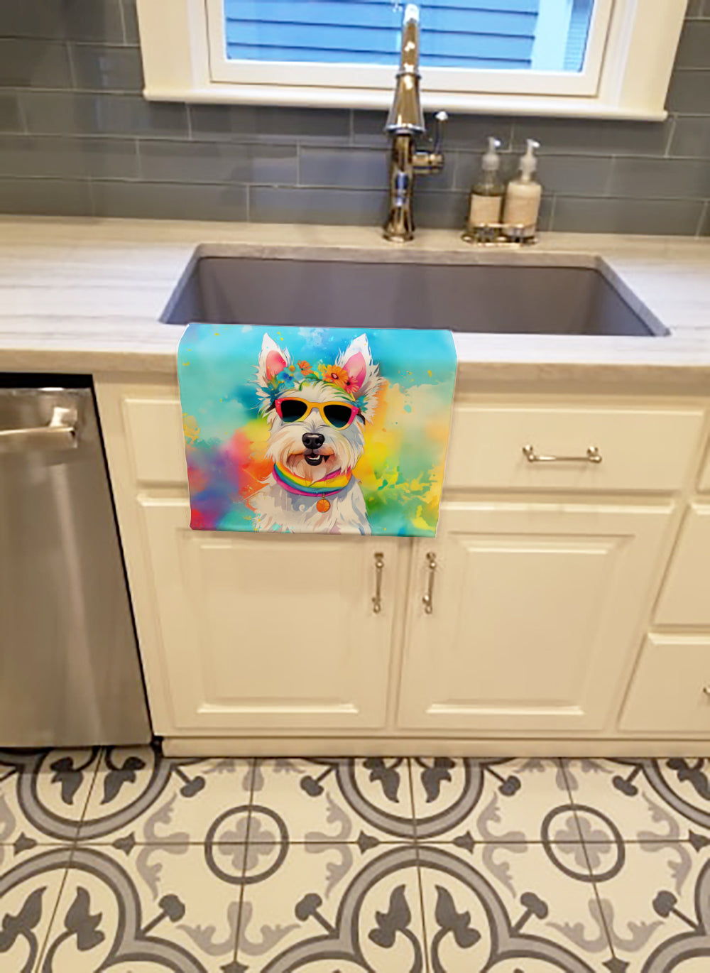Westie Hippie Dawg Kitchen Towel Velour Plush Front and Cotton Loop Back Machine Washable