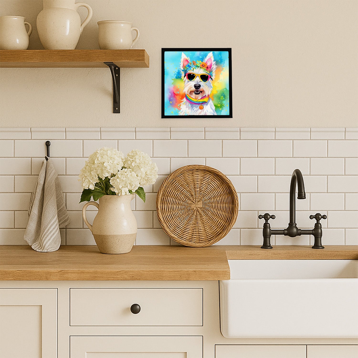 Westie Hippie Dawg Framed Metal Print Bathroom, Kitchen, Office, Home Decor Wall Art Ready to Hang, Square, 8X8
