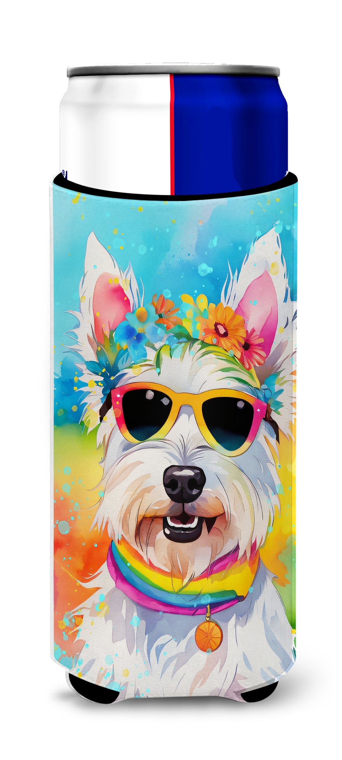 Westie Hippie Dawg Slim Can Hugger , Insulated Foam Hugger for 12 oz Slim Cans, Beer Bottles & Water Bottles, Printed in USA