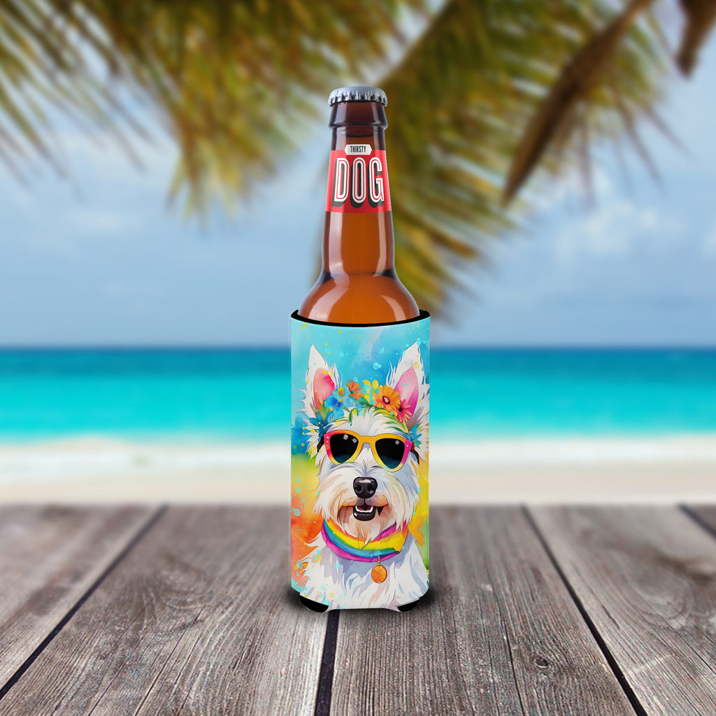 Westie Hippie Dawg Slim Can Hugger , Insulated Foam Hugger for 12 oz Slim Cans, Beer Bottles & Water Bottles, Printed in USA
