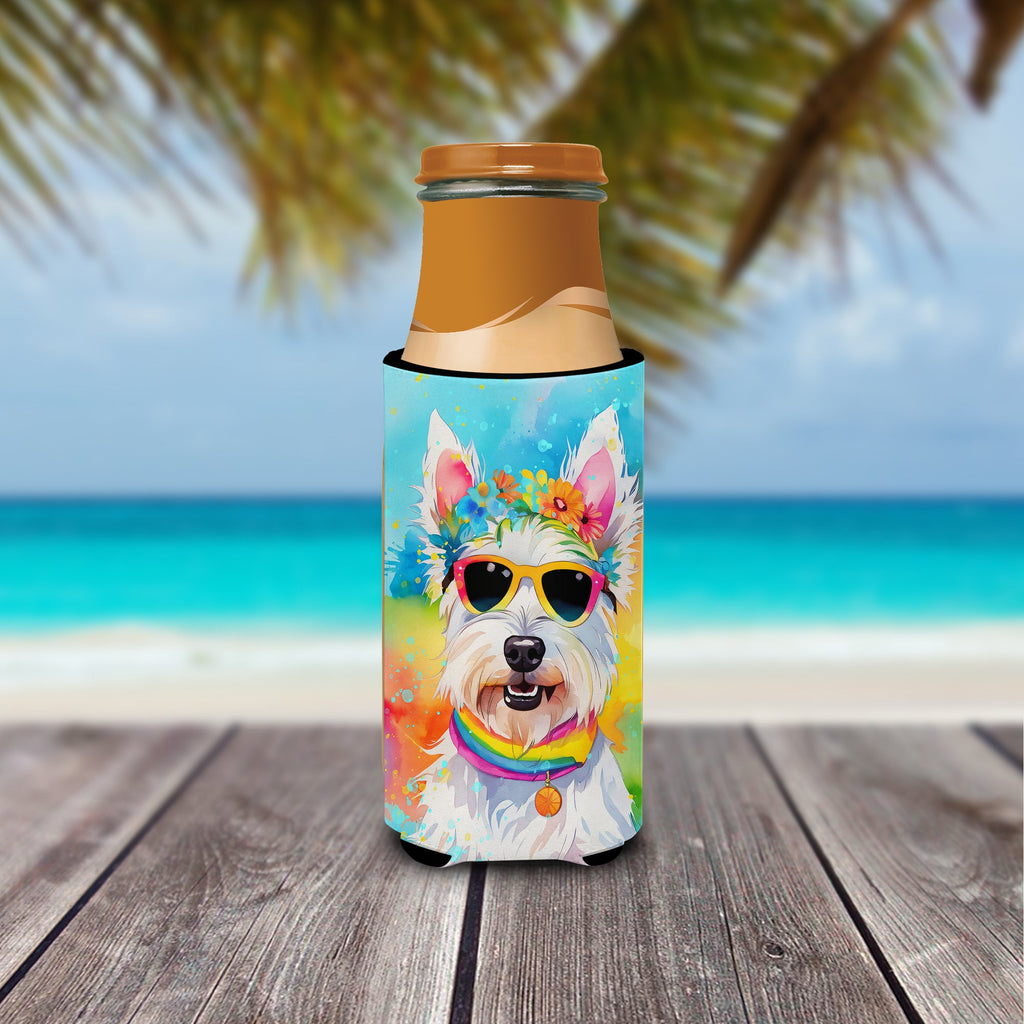 Westie Hippie Dawg Slim Can Hugger , Insulated Foam Hugger for 12 oz Slim Cans, Beer Bottles & Water Bottles, Printed in USA
