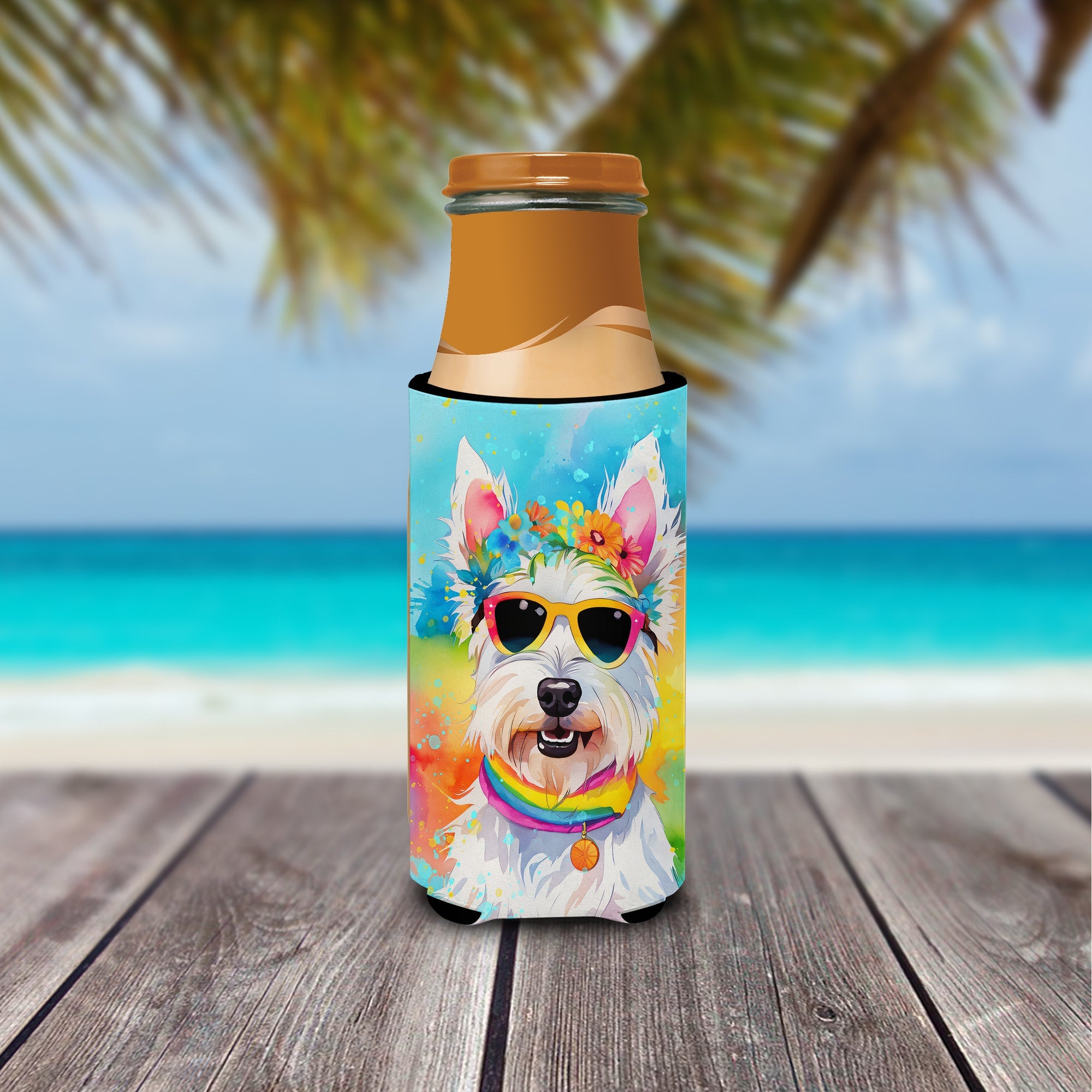 Westie Hippie Dawg Slim Can Hugger , Insulated Foam Hugger for 12 oz Slim Cans, Beer Bottles & Water Bottles, Printed in USA
