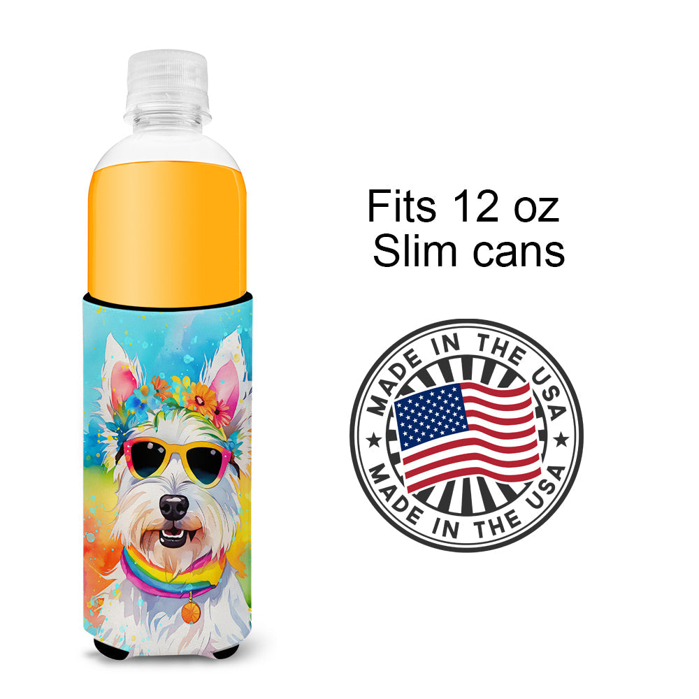Westie Hippie Dawg Slim Can Hugger , Insulated Foam Hugger for 12 oz Slim Cans, Beer Bottles & Water Bottles, Printed in USA