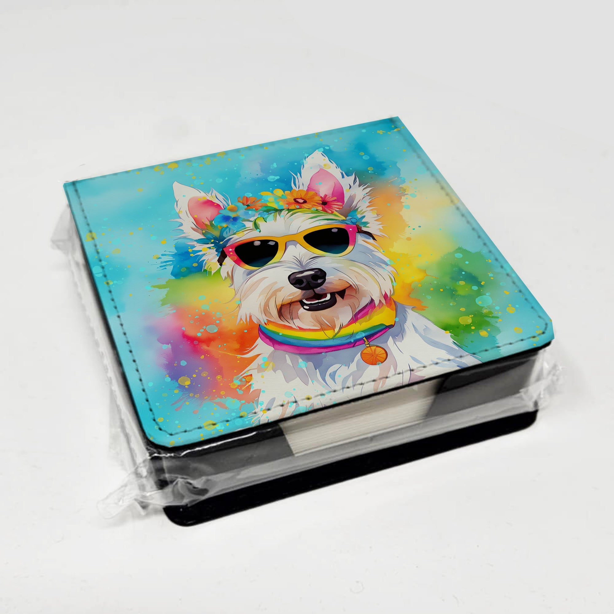 Westie Hippie Dawg PU Leather Note Paper Holder with Artist-Designed Cover, Desk Accessory, Office Gift