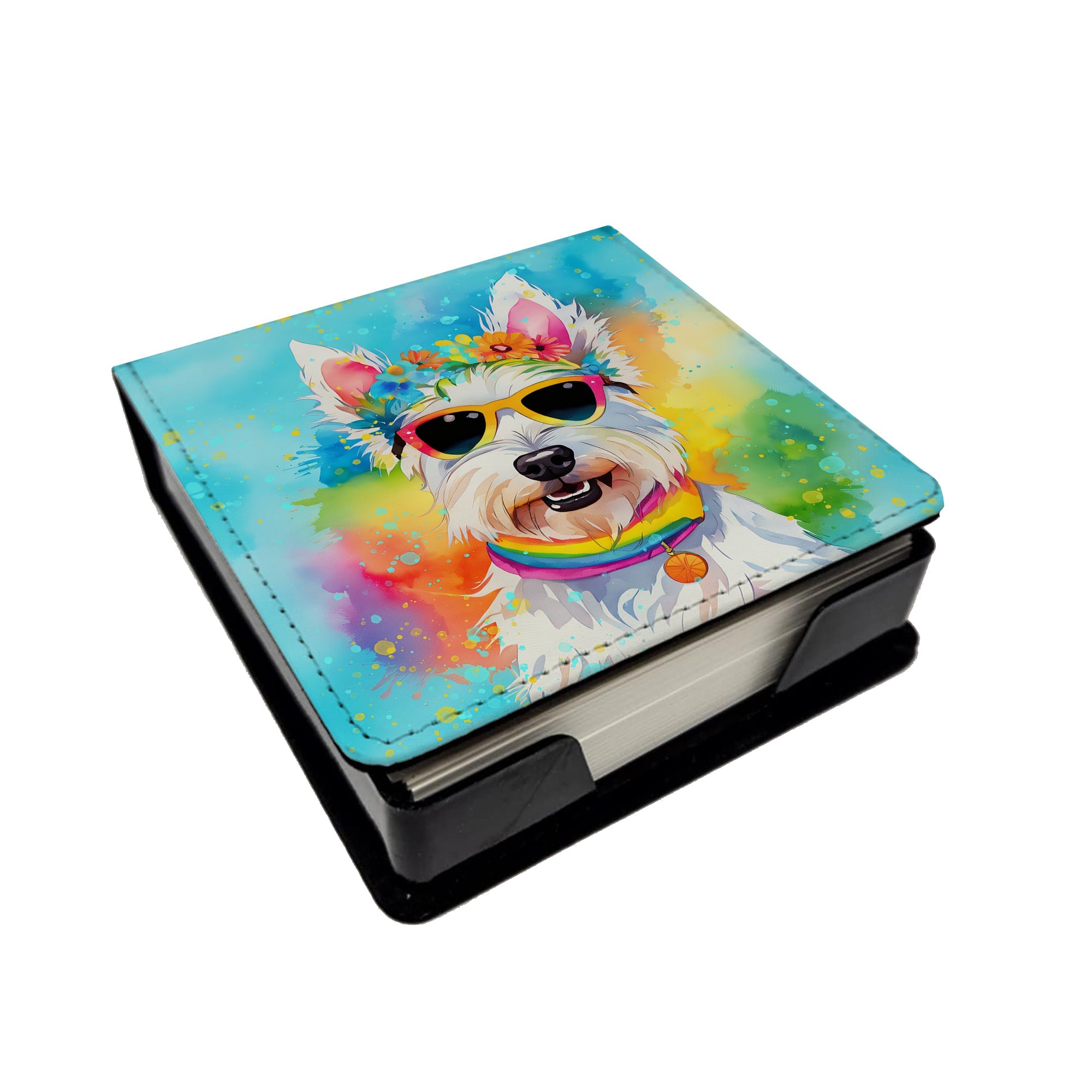 Westie Hippie Dawg PU Leather Note Paper Holder with Artist-Designed Cover, Desk Accessory, Office Gift