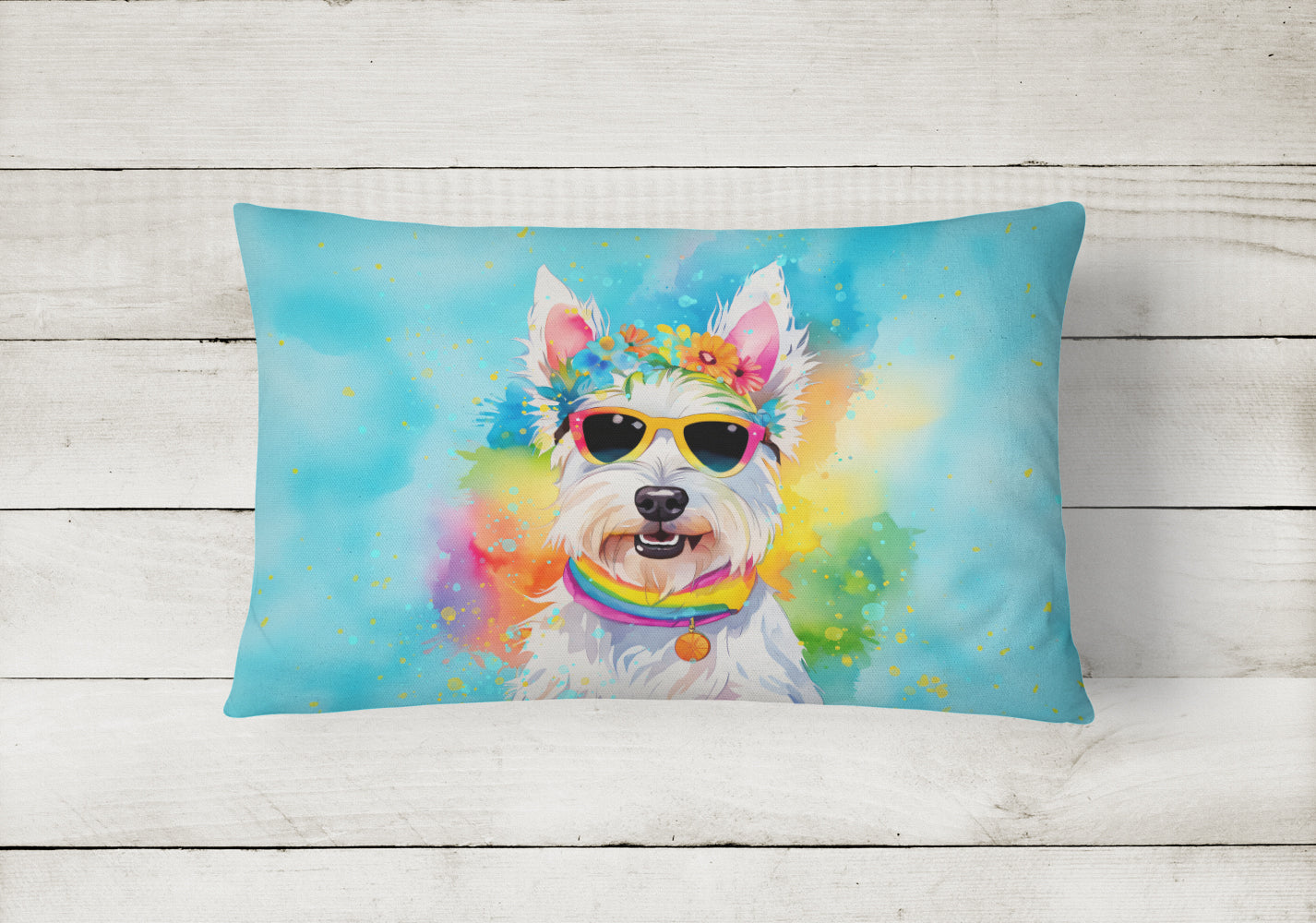 Westie Hippie Dawg Decorative Throw Pillow 12x16 Indoor Outdoor Accent Cushion, Fabric Cover with Insert for Sofa, Bed, Porch & Living Room