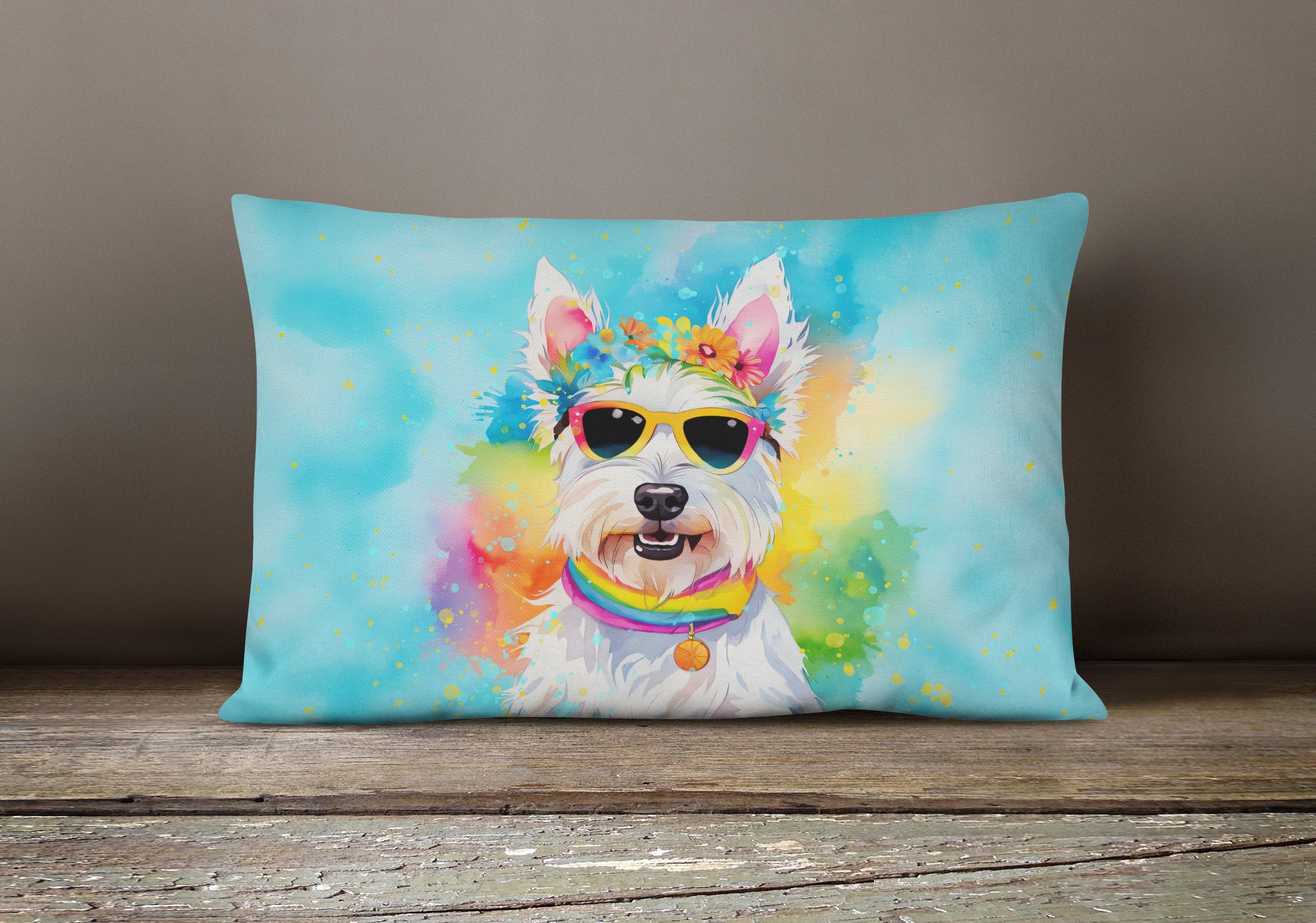 Westie Hippie Dawg Decorative Throw Pillow 12x16 Indoor Outdoor Accent Cushion, Fabric Cover with Insert for Sofa, Bed, Porch & Living Room