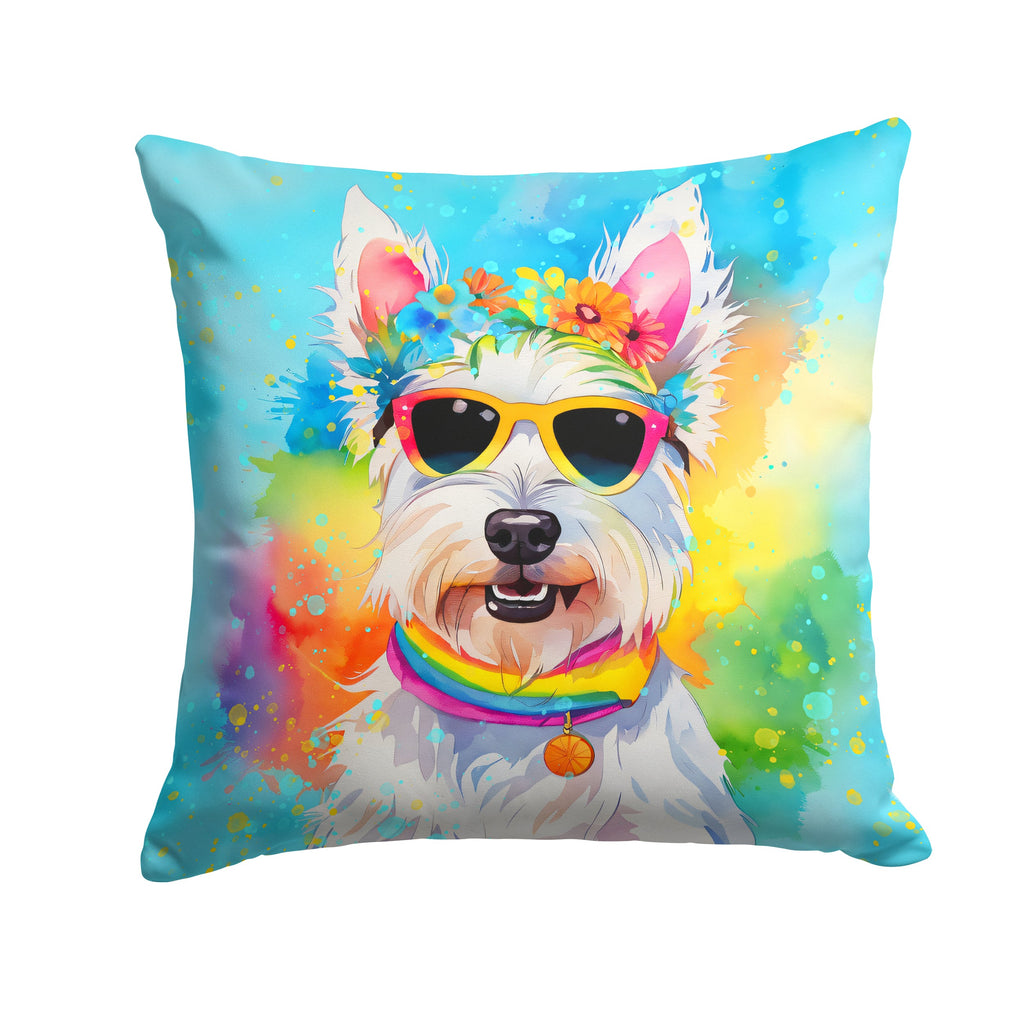 Westie Hippie Dawg Decorative Throw Pillow 14x14 Indoor Outdoor Accent Cushion, Fabric Cover with Insert for Sofa, Bed, Porch & Living Room
