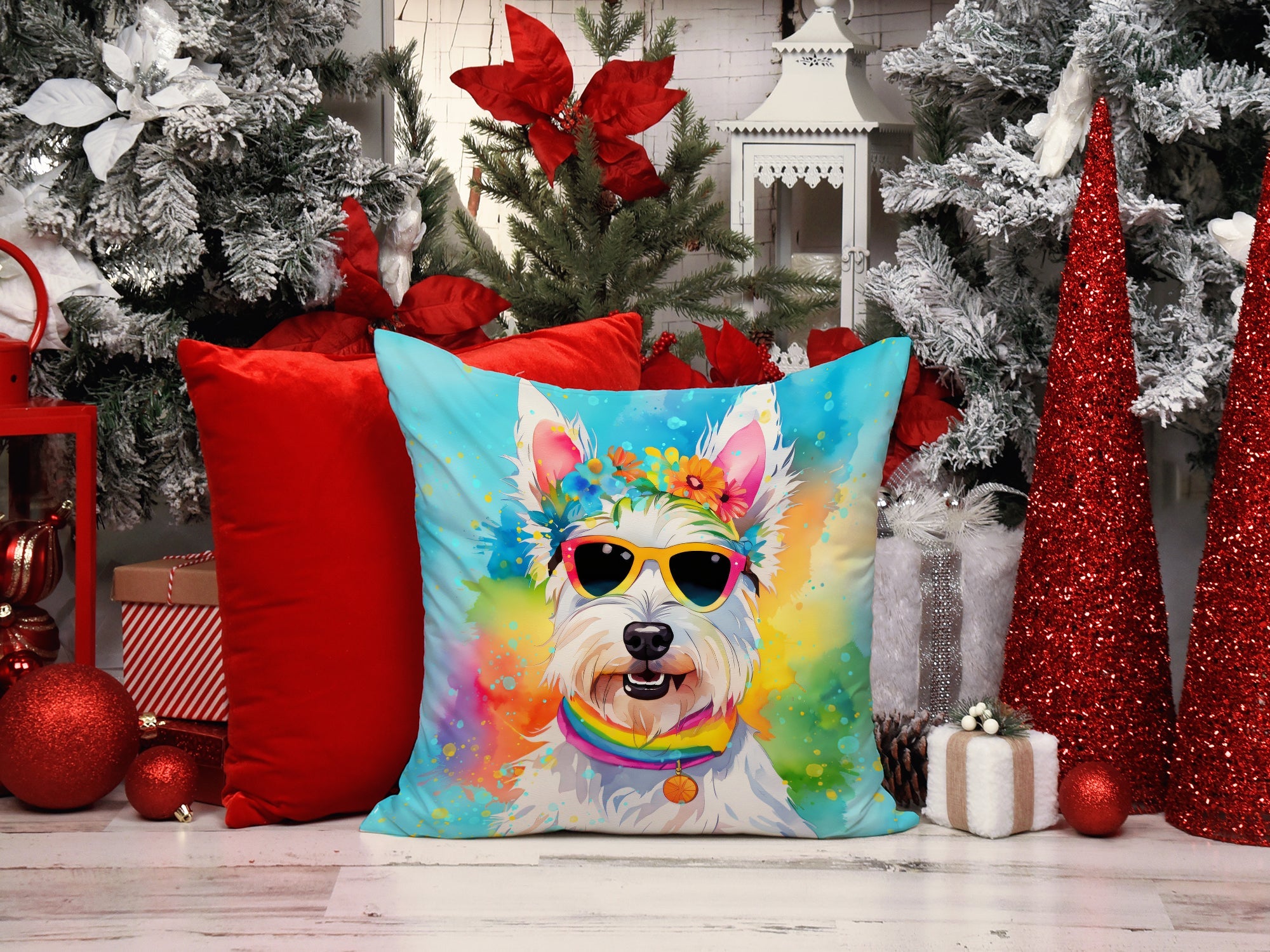 Westie Hippie Dawg Decorative Throw Pillow 14x14 Indoor Outdoor Accent Cushion, Fabric Cover with Insert for Sofa, Bed, Porch & Living Room