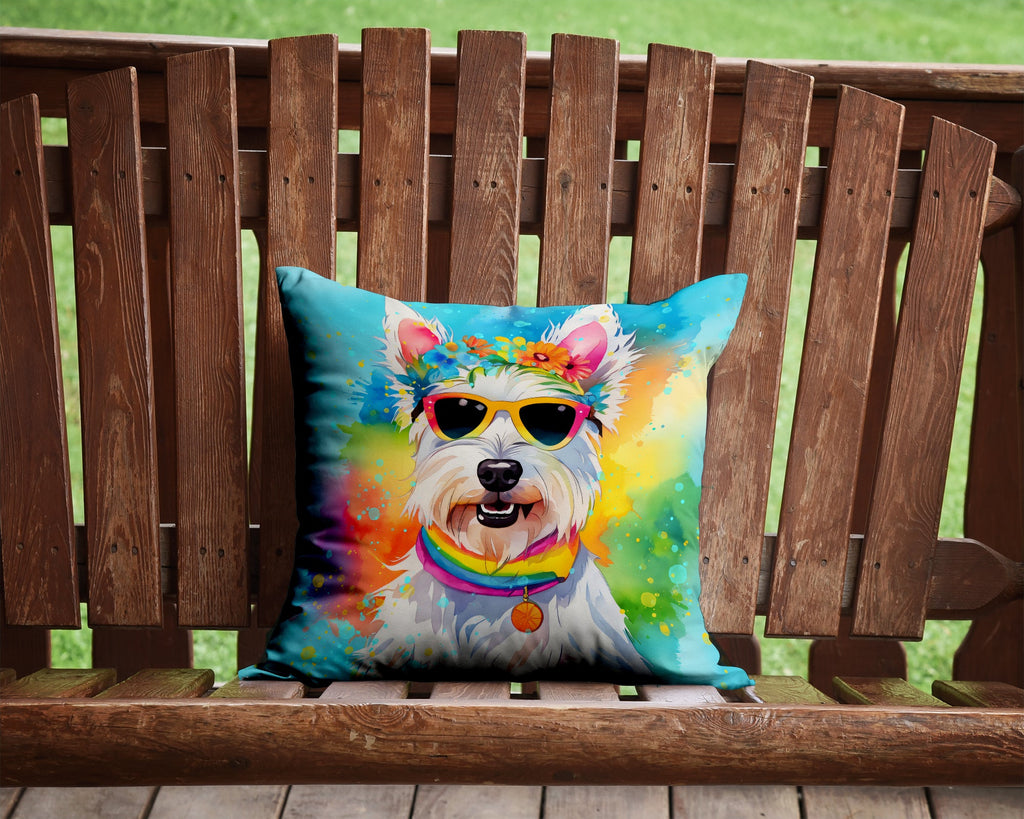 Westie Hippie Dawg Decorative Throw Pillow 14x14 Indoor Outdoor Accent Cushion, Fabric Cover with Insert for Sofa, Bed, Porch & Living Room