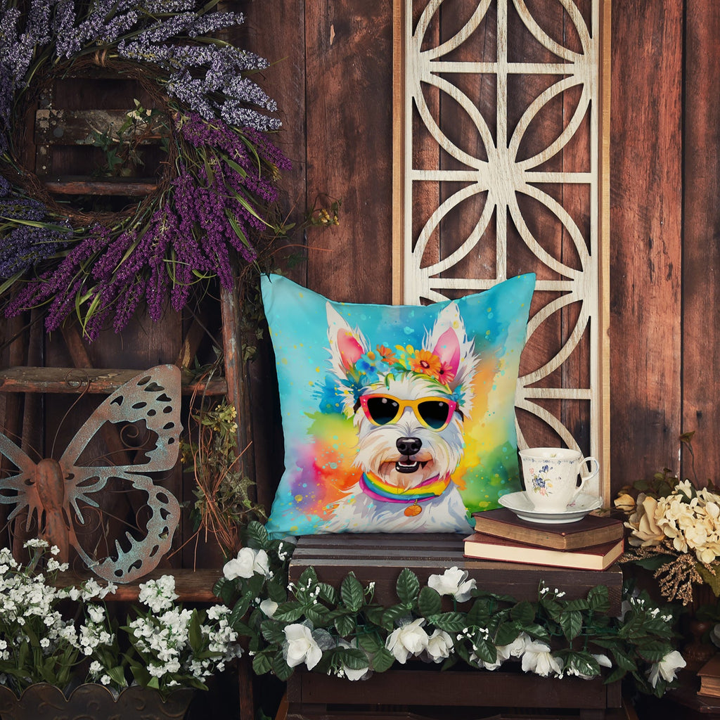 Westie Hippie Dawg Decorative Throw Pillow 18x18 Indoor Outdoor Accent Cushion, Fabric Cover with Insert for Sofa, Bed, Porch & Living Room