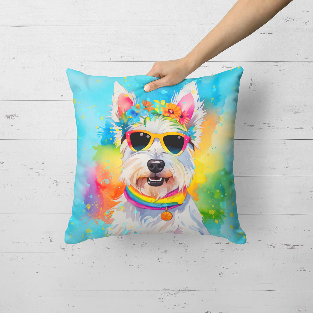 Westie Hippie Dawg Decorative Throw Pillow 18x18 Indoor Outdoor Accent Cushion, Fabric Cover with Insert for Sofa, Bed, Porch & Living Room