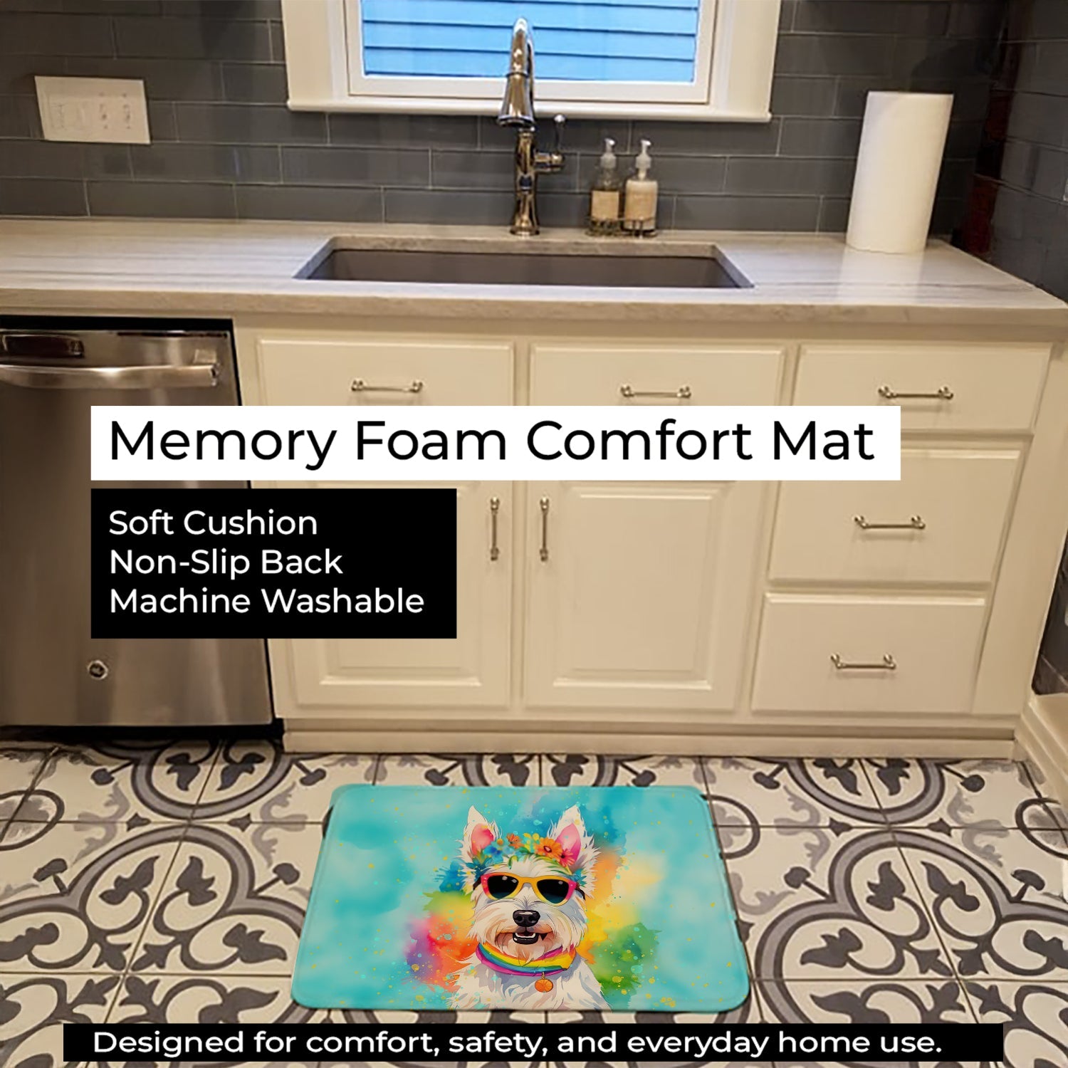 Westie Hippie Dawg Memory Foam Kitchen Mat Machine Washable Anti-Fatigue Cushion Comfort Bath or Kitchen Rug