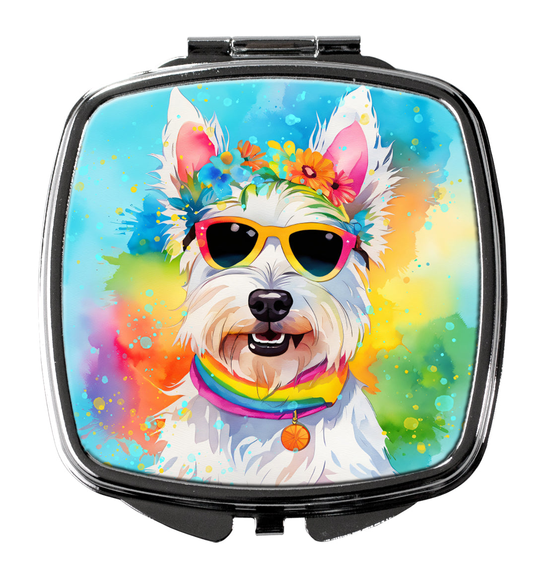 Westie Hippie Dawg Compact Mirror Decorative Travel Makeup Mirror for Women Girls Gifts Pocket Makeup Mirror Folding Handheld