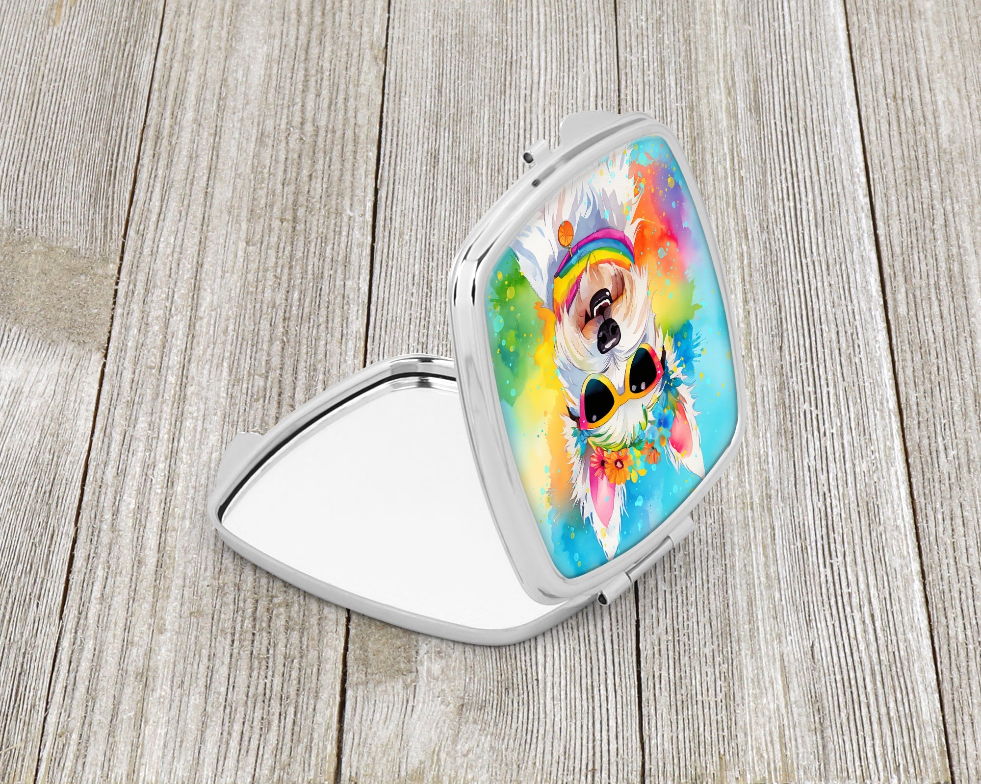 Westie Hippie Dawg Compact Mirror Decorative Travel Makeup Mirror for Women Girls Gifts Pocket Makeup Mirror Folding Handheld