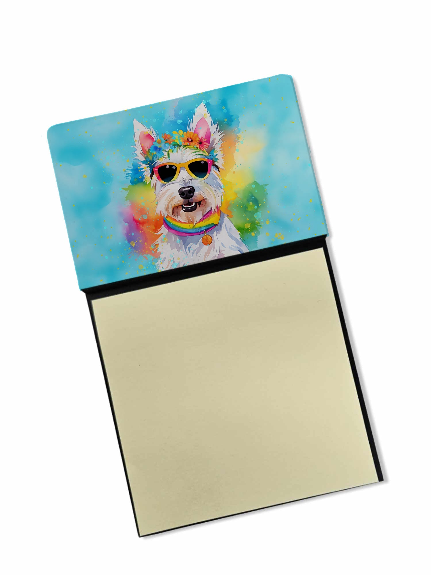 Westie Hippie Dawg Watercolor Sticky Note Holder Refillable Dispenser Desk Accessory 3x3 Pad Gift
