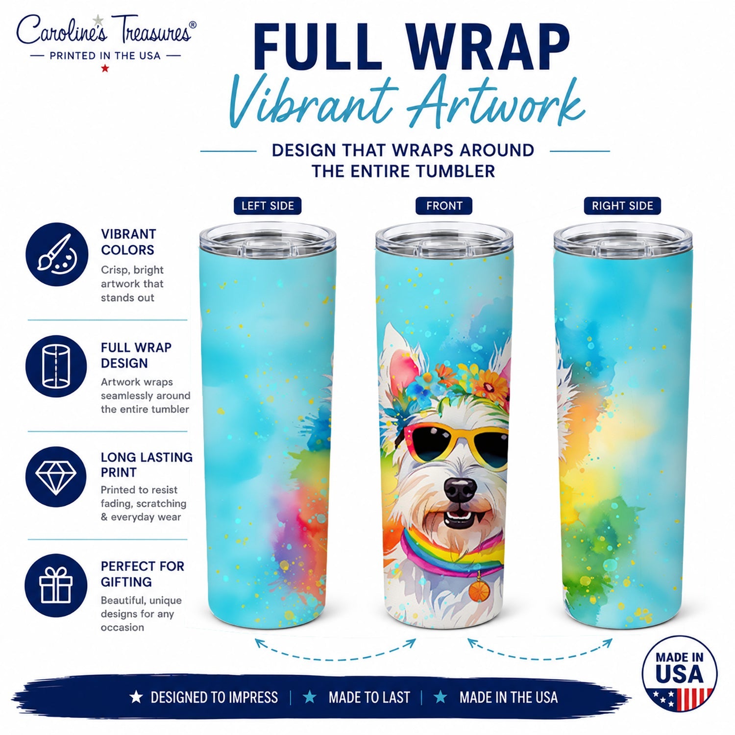 Westie Hippie Dawg Stainless Steel Skinny Tumbler 20 oz Vacuum Double Walled Reusable Insulated Travel Cup