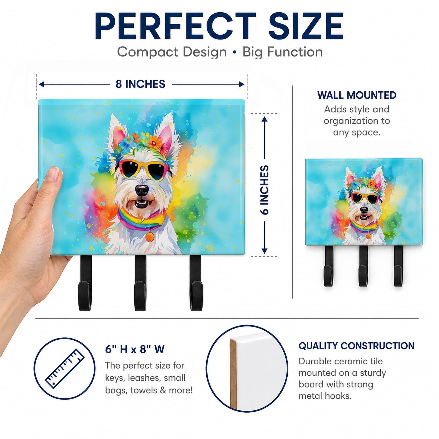Westie Hippie Dawg Leash or Key Holder Wall Hooks, Coat Rack Wall Mount, for Hanging Keys, Towels, Aprons, Leashes