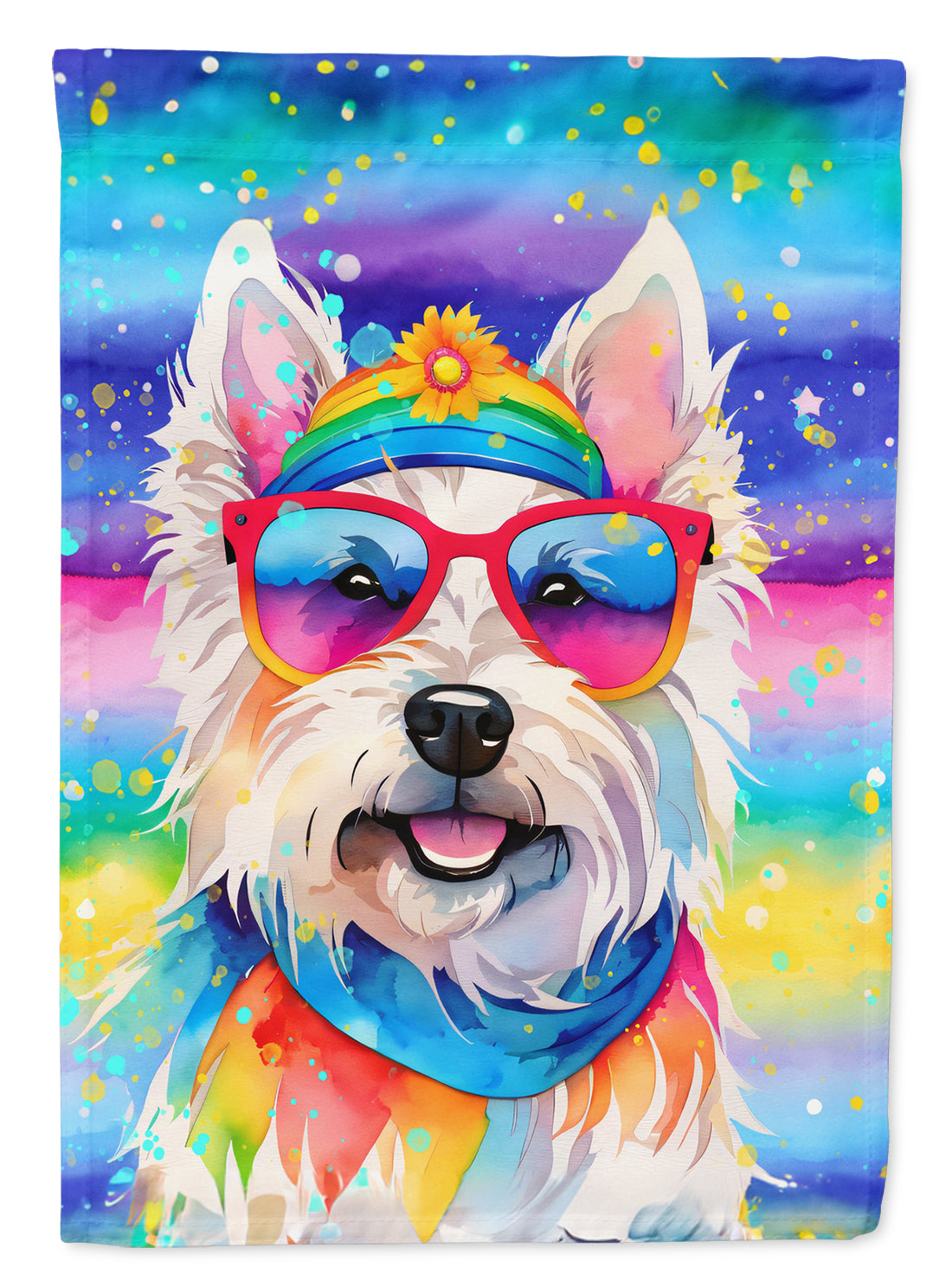 Westie Hippie Dawg House Flag 28x40 Porch Sleeve Pole Decorative Outside Yard Banner Artwork Wall Hanging, Polyester