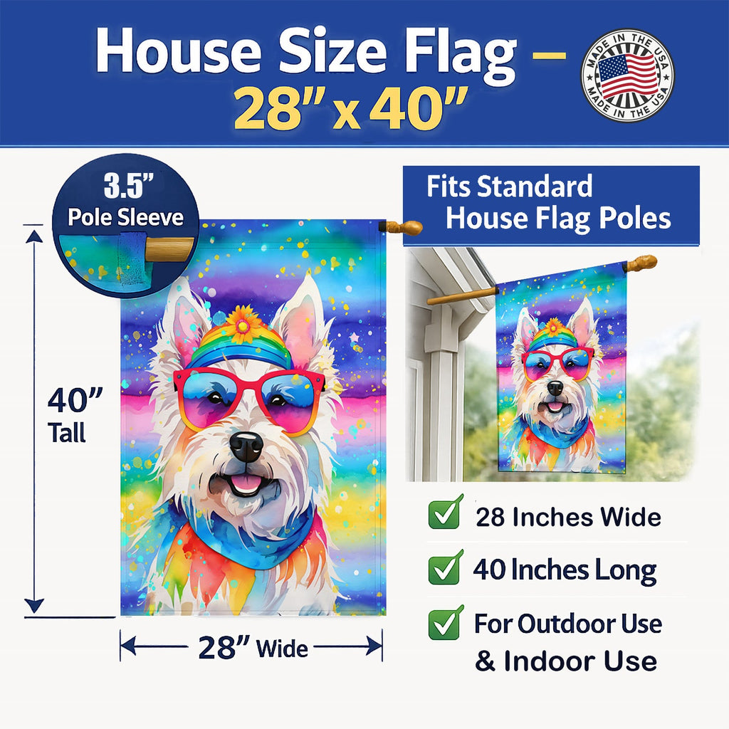 Westie Hippie Dawg House Flag 28x40 Porch Sleeve Pole Decorative Outside Yard Banner Artwork Wall Hanging, Polyester