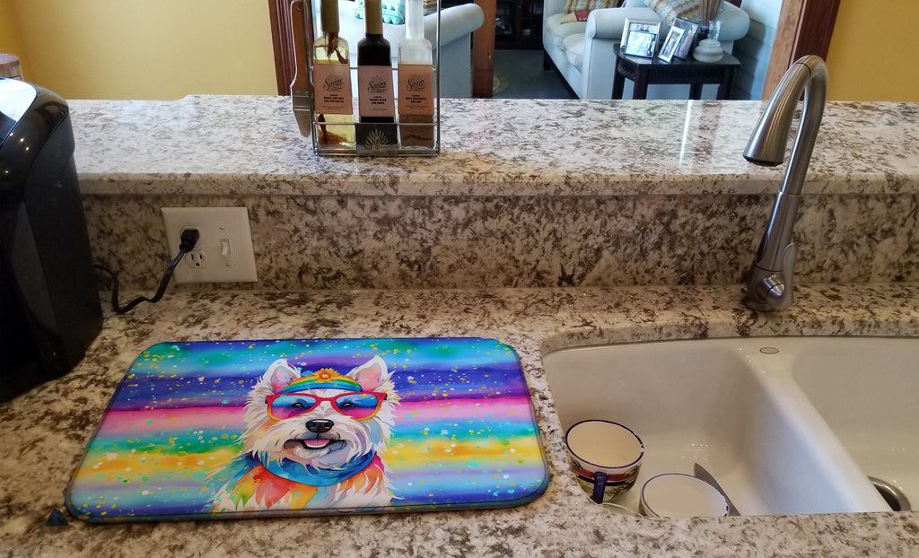 Westie Hippie Dawg Dish Drying Mat Absorbent Dish Drying Mat Pad for Kitchen Counter Dish Drainer Mat for Countertop, 14 x 21", Multicolor