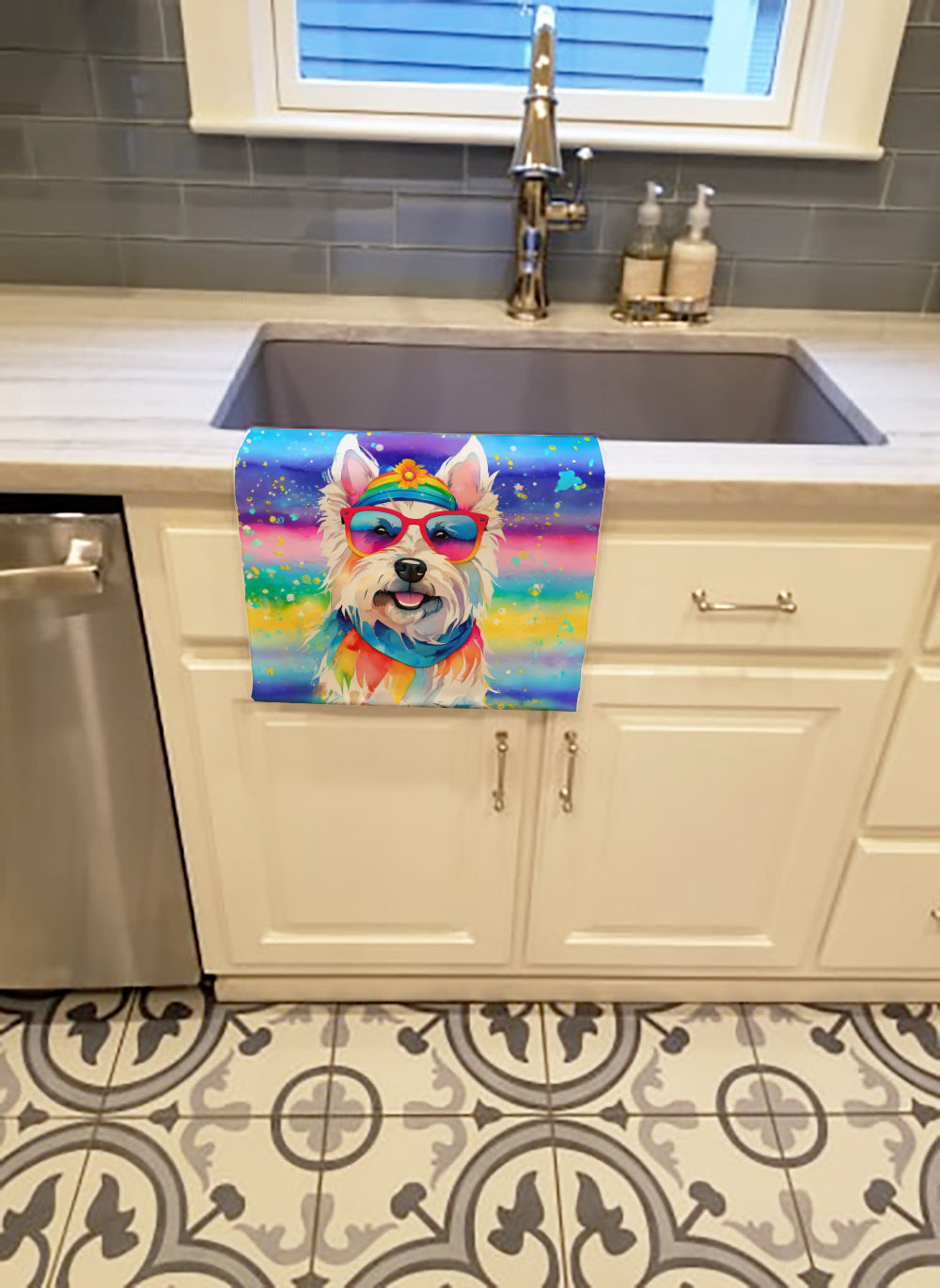 Westie Hippie Dawg Kitchen Towel Velour Plush Front and Cotton Loop Back Machine Washable