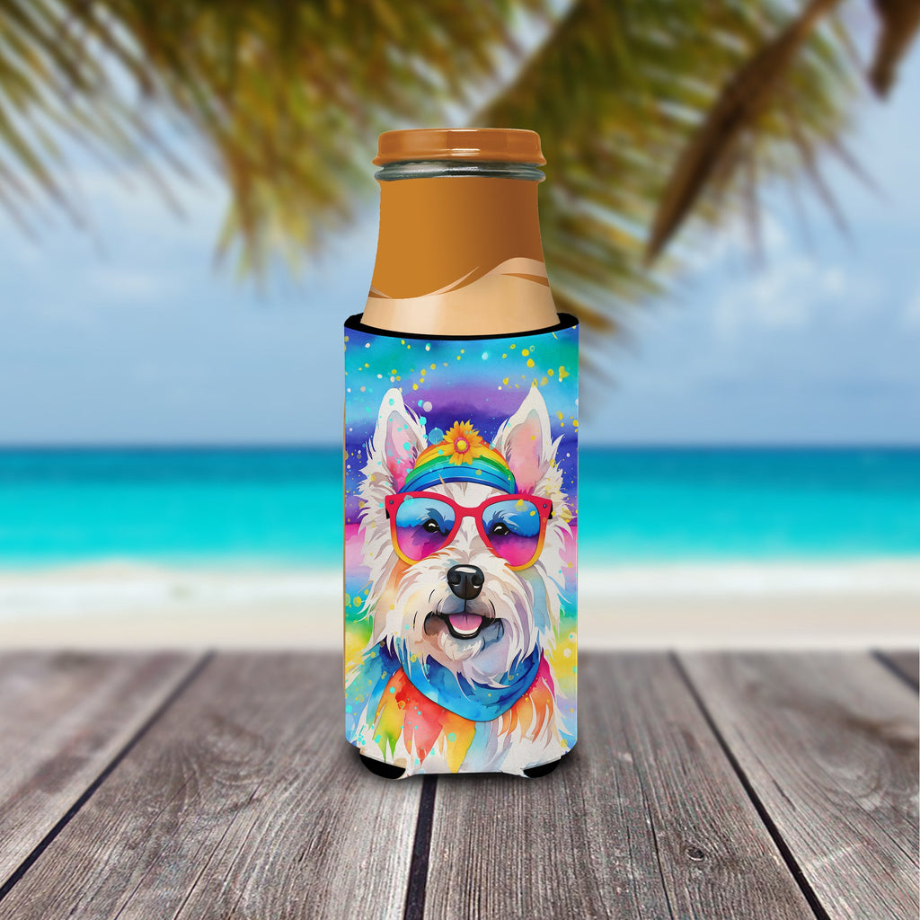 Westie Hippie Dawg Slim Can Hugger , Insulated Foam Hugger for 12 oz Slim Cans, Beer Bottles & Water Bottles, Printed in USA