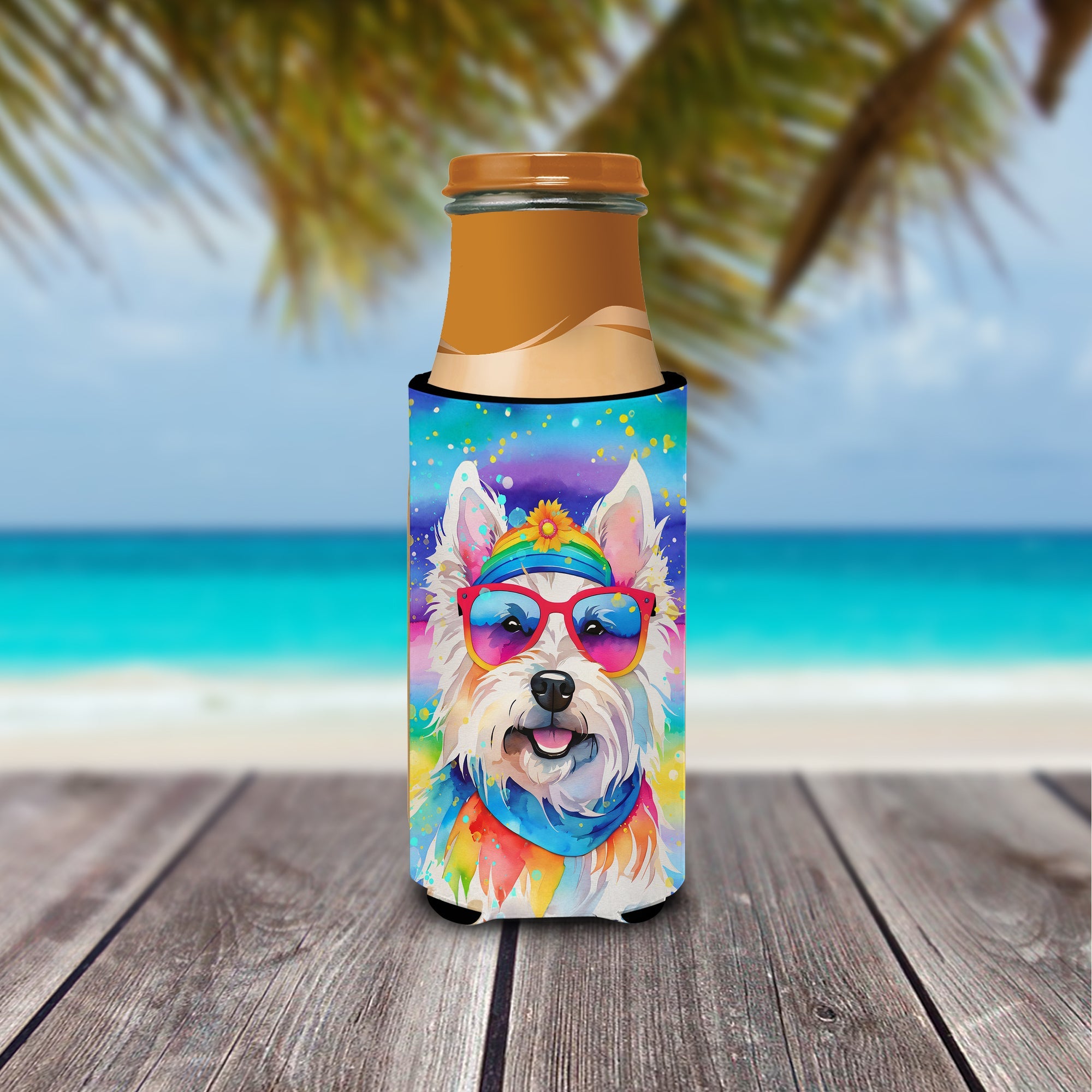 Westie Hippie Dawg Slim Can Hugger , Insulated Foam Hugger for 12 oz Slim Cans, Beer Bottles & Water Bottles, Printed in USA