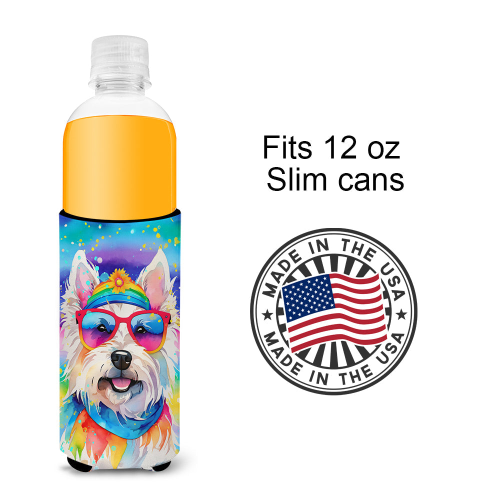 Westie Hippie Dawg Slim Can Hugger , Insulated Foam Hugger for 12 oz Slim Cans, Beer Bottles & Water Bottles, Printed in USA