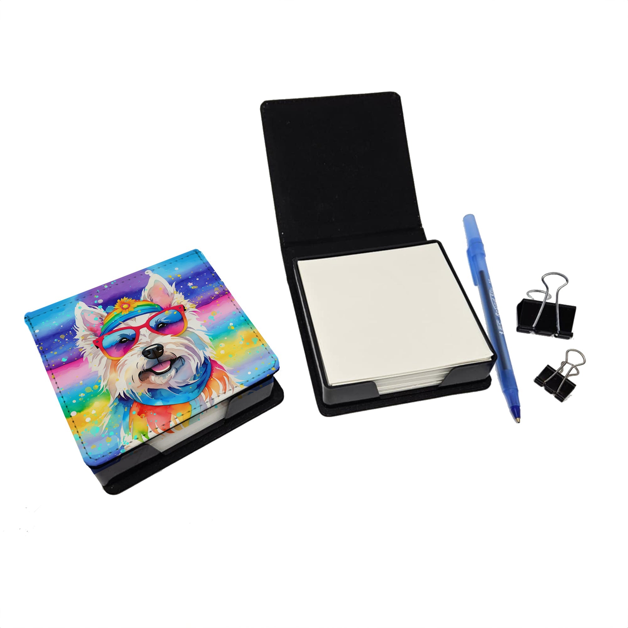 Westie Hippie Dawg PU Leather Note Paper Holder with Artist-Designed Cover, Desk Accessory, Office Gift