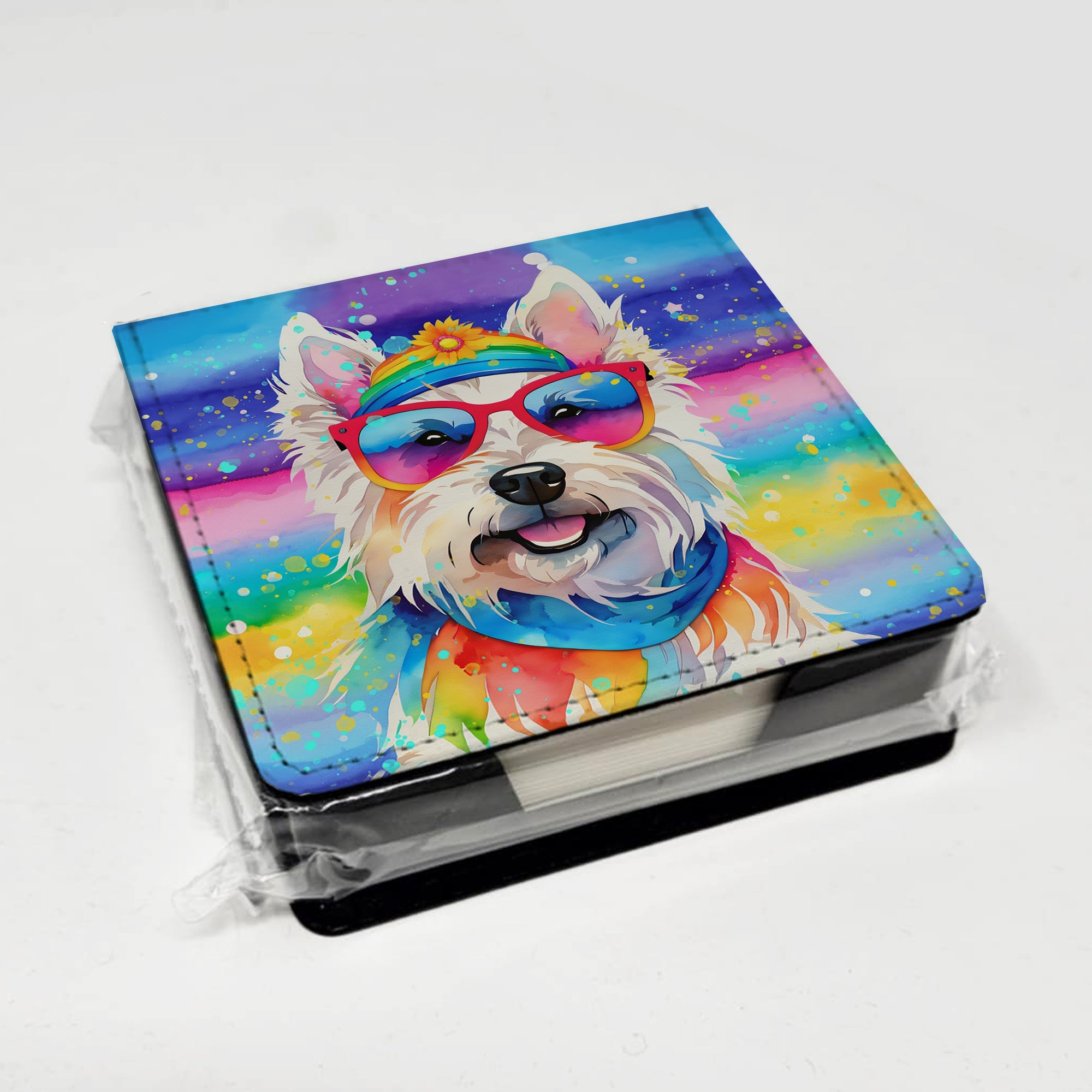 Westie Hippie Dawg PU Leather Note Paper Holder with Artist-Designed Cover, Desk Accessory, Office Gift